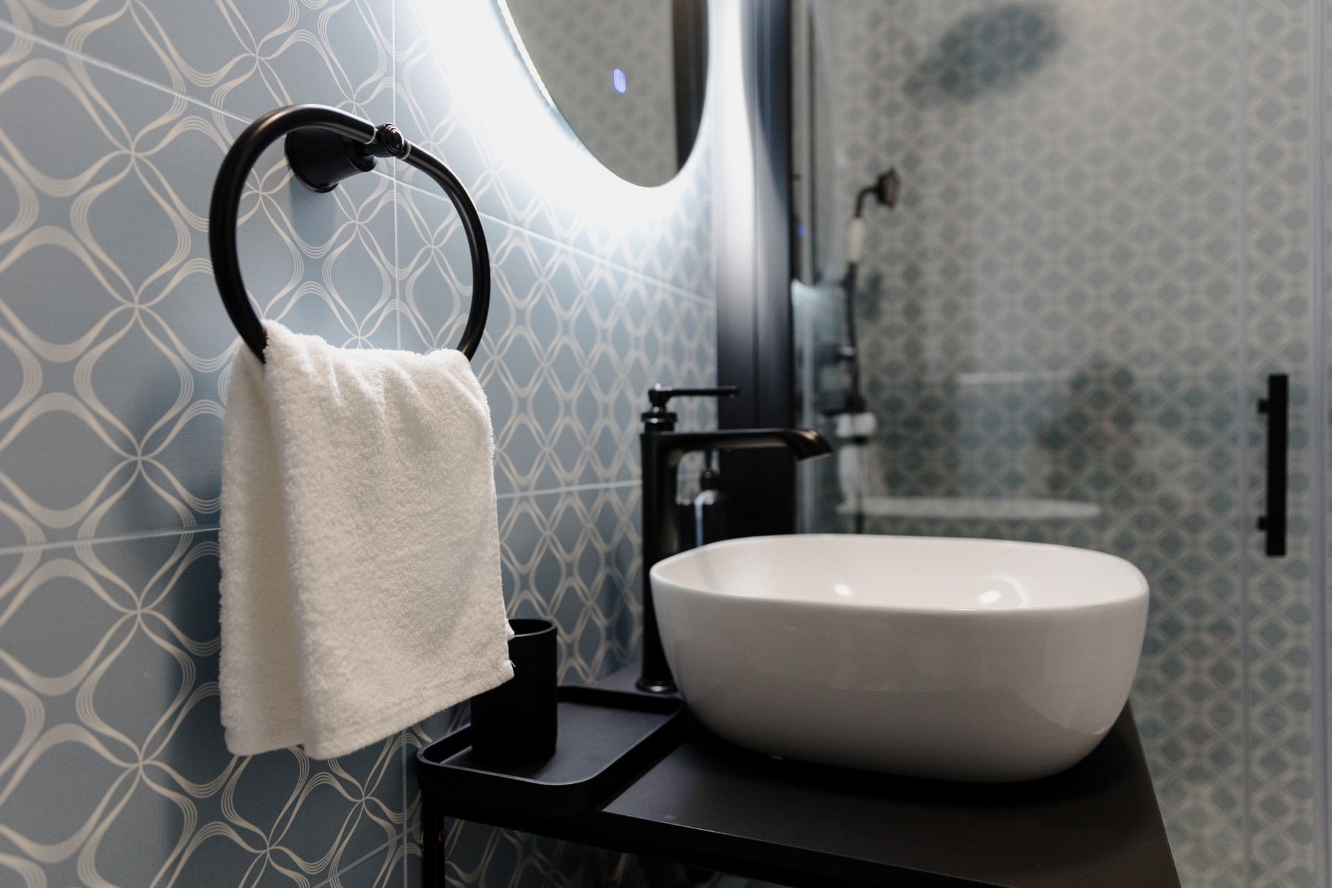 Close-up vanity sink and towel