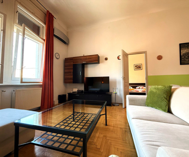 Living room with TV and windows