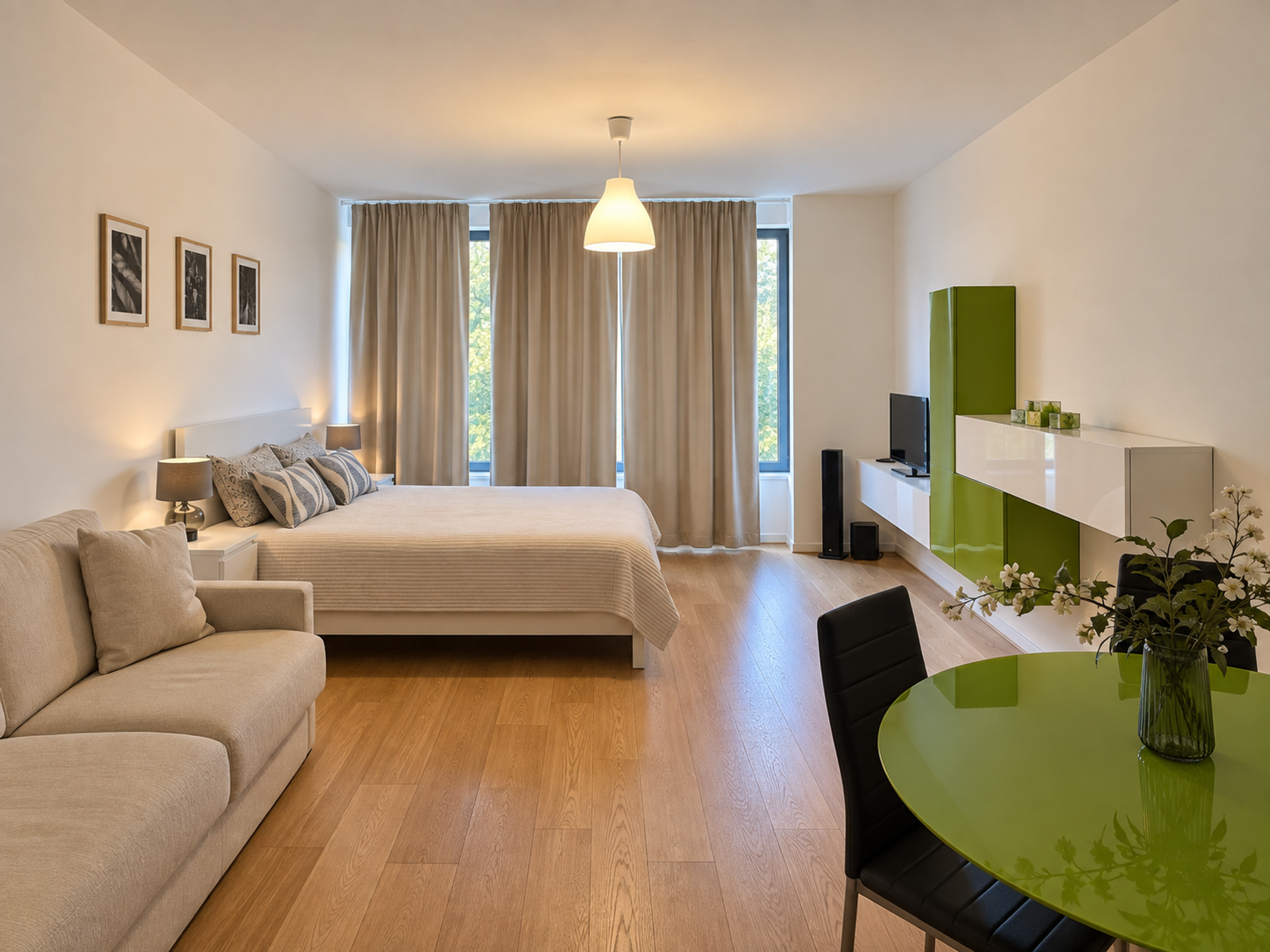 Studio living and sleeping area