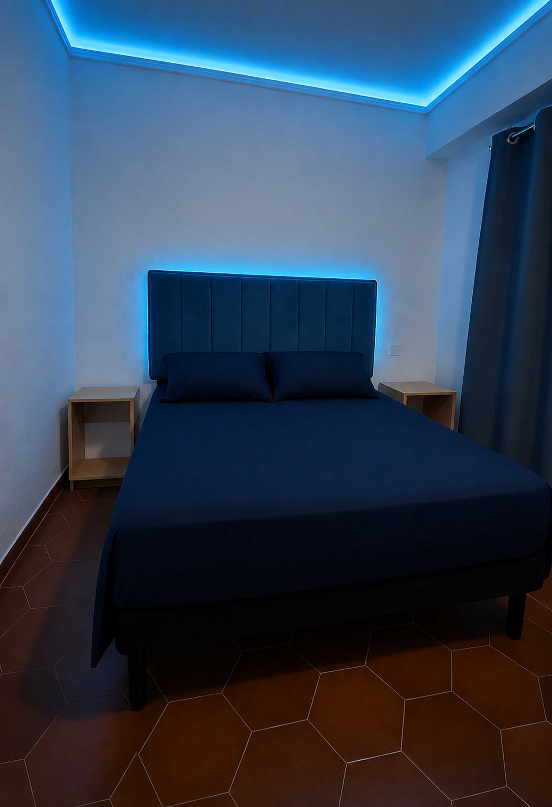 Bedroom with blue ambient lighting