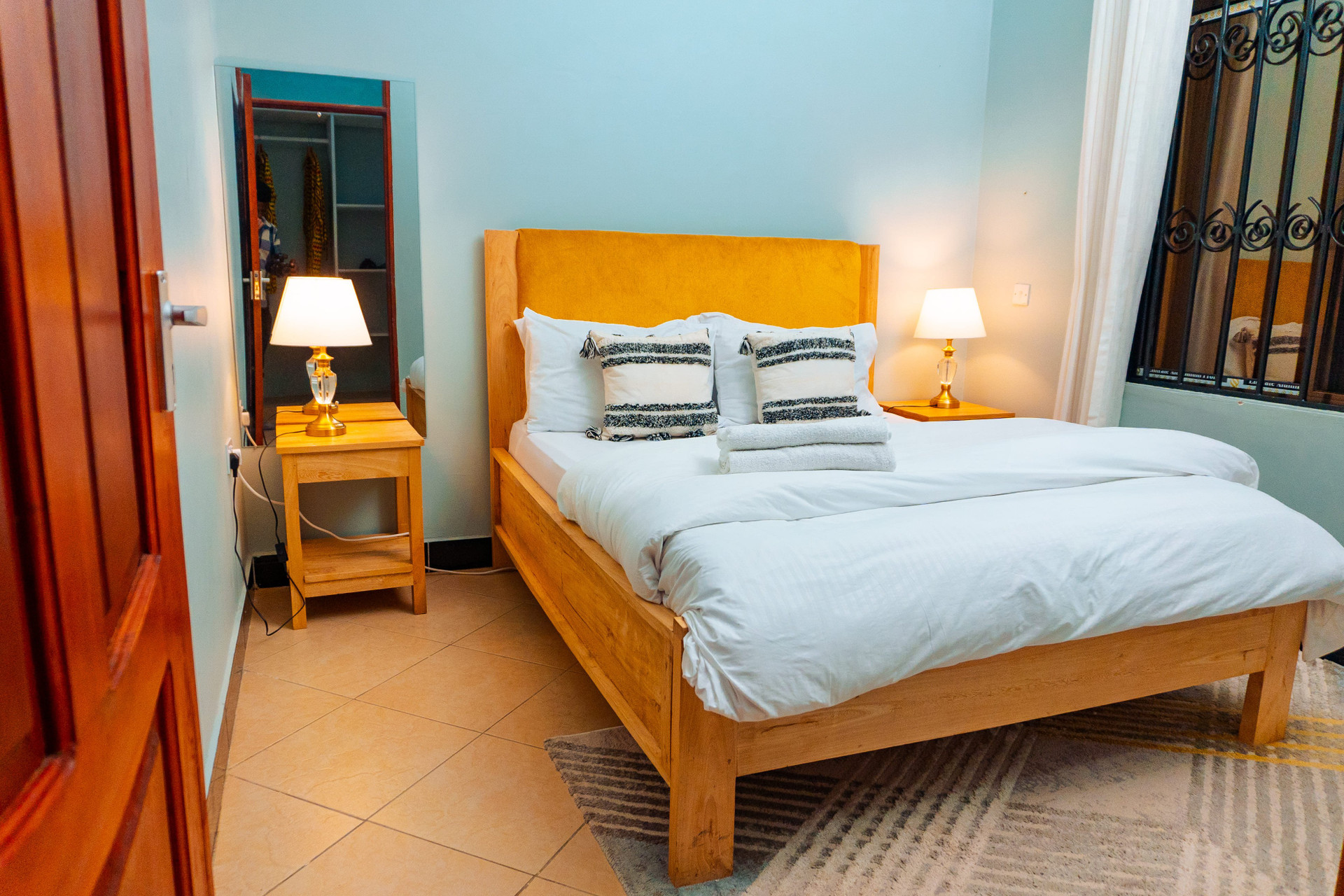 Bedroom yellow headboard wood frame
