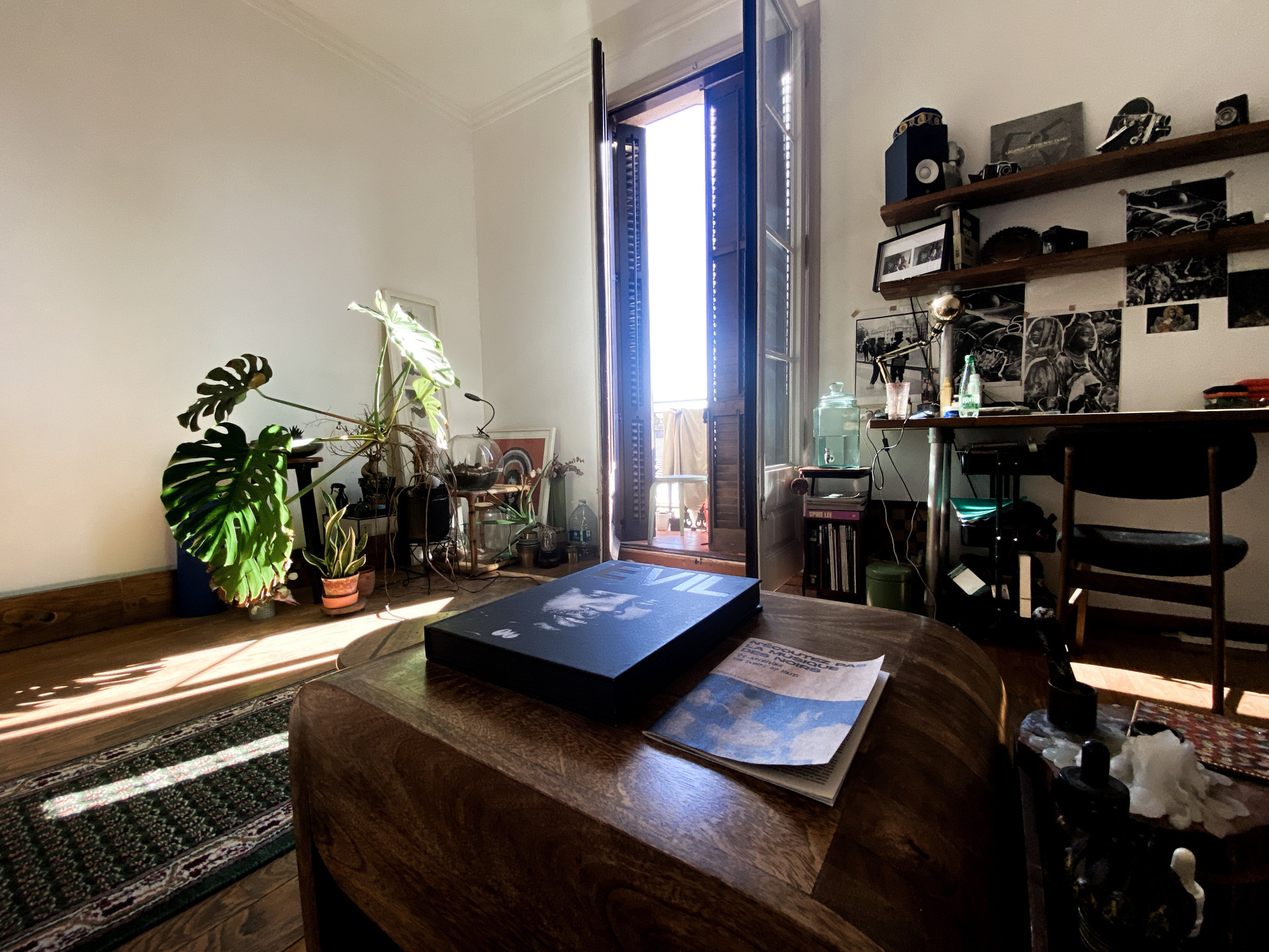 Desk with books and shelves