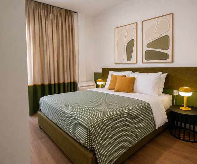 Cozy bedroom with green accents