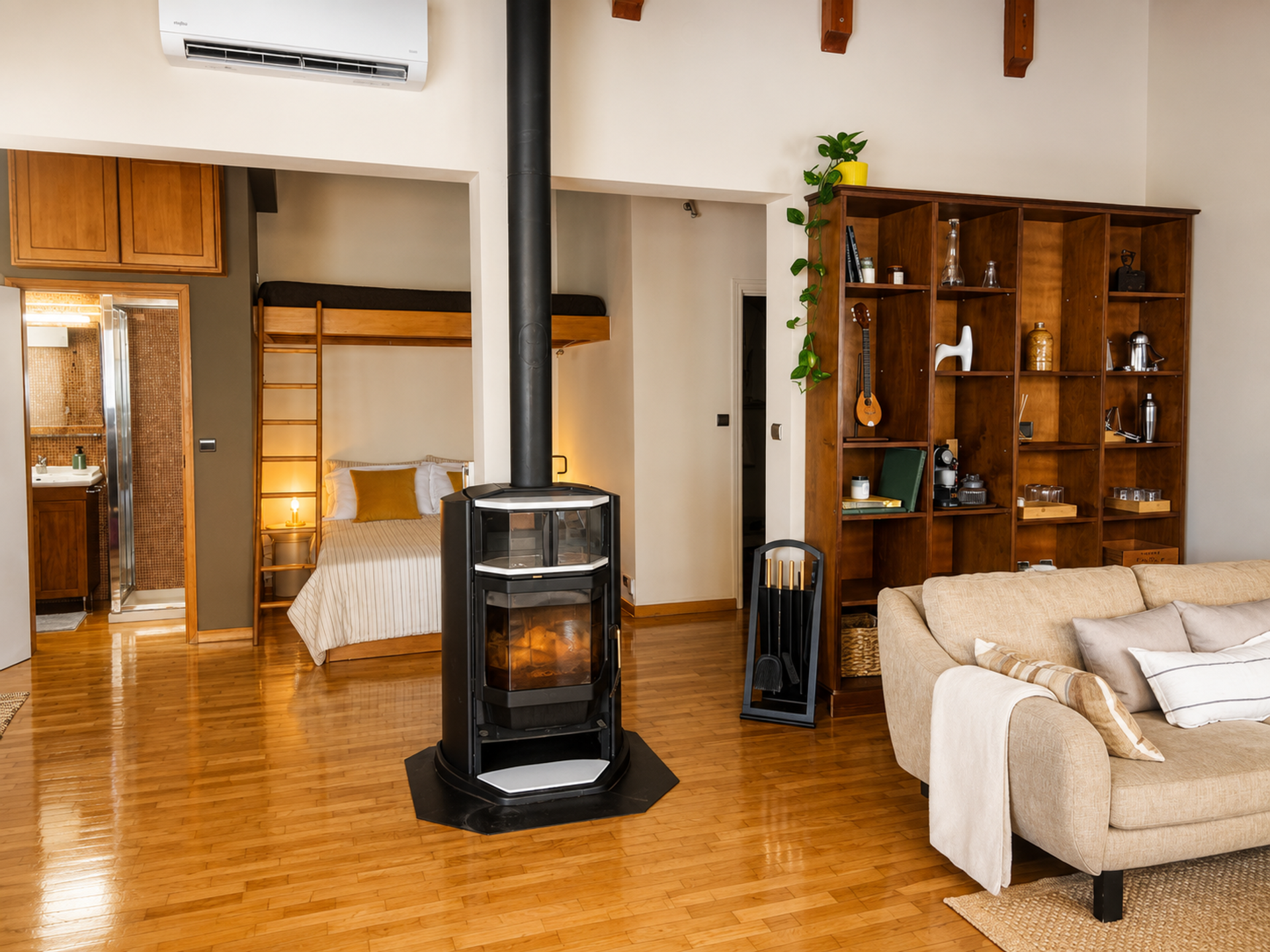 Open living area with fireplace