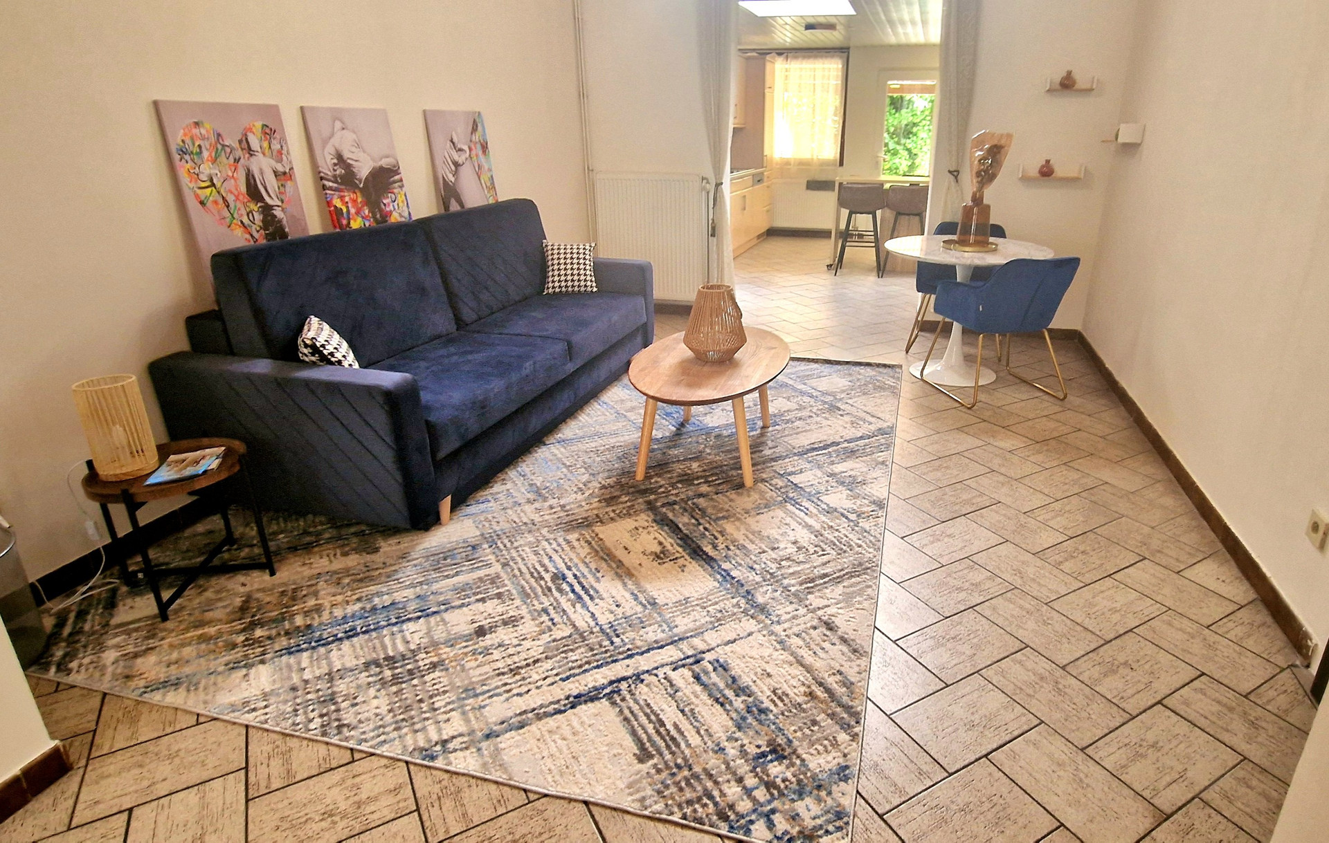 Living room with navy sofa