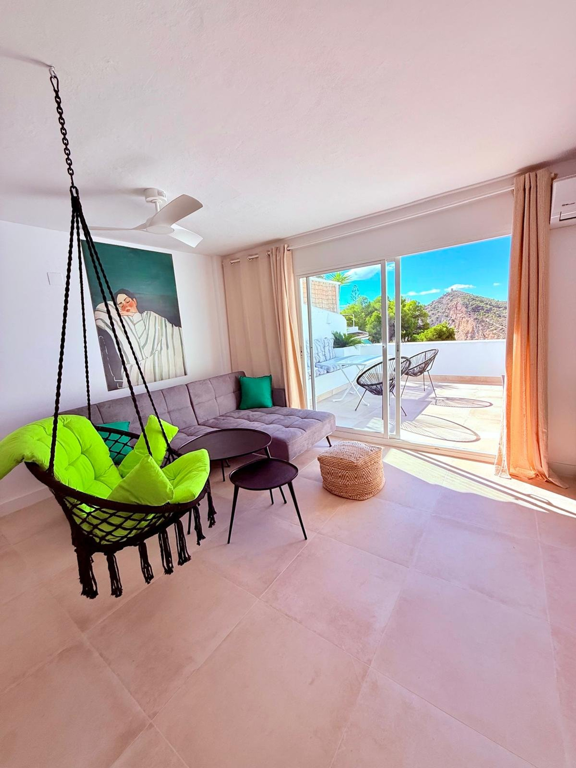 Bright living room with mountain view