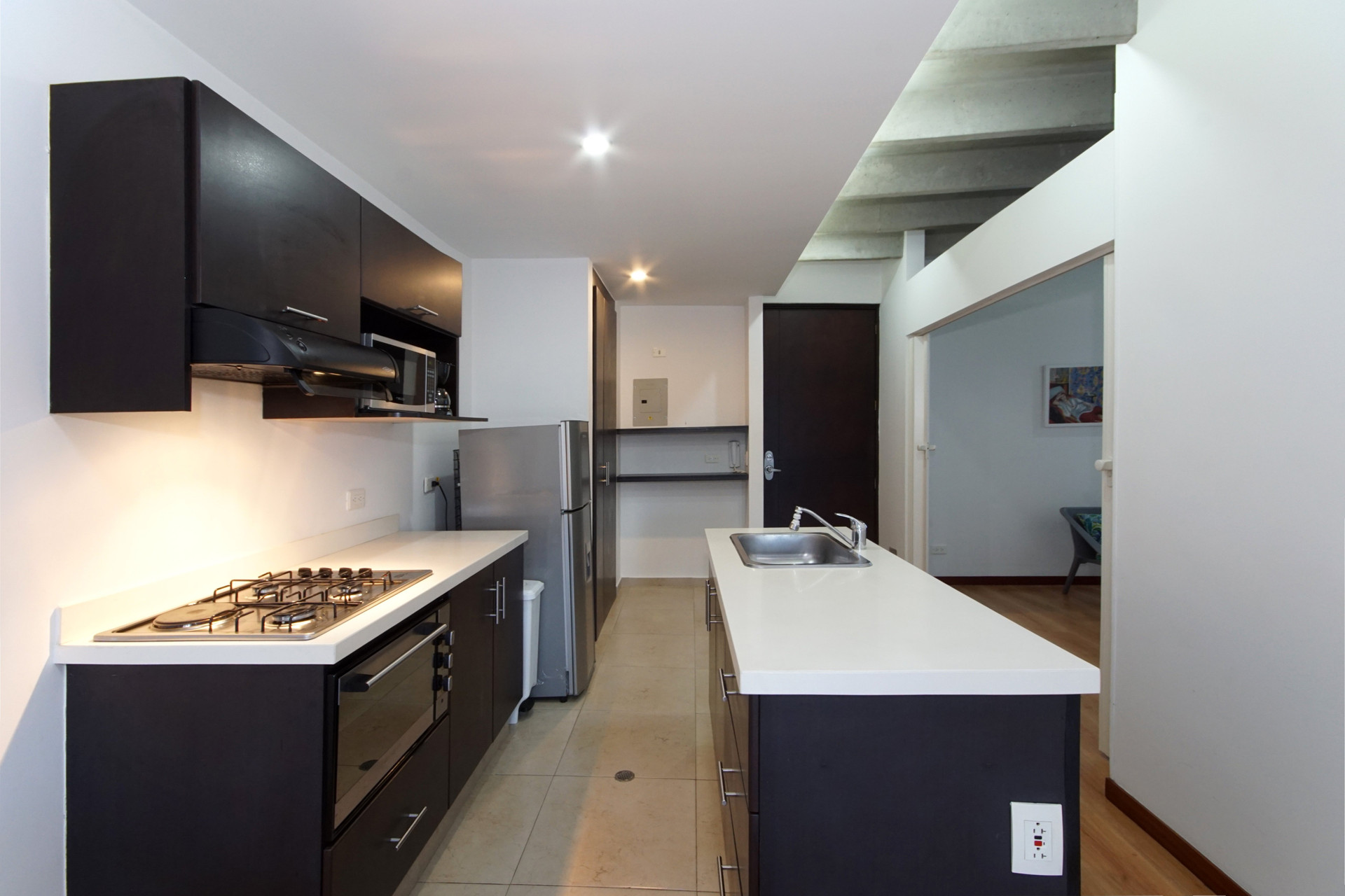 Sleek galley kitchen with island