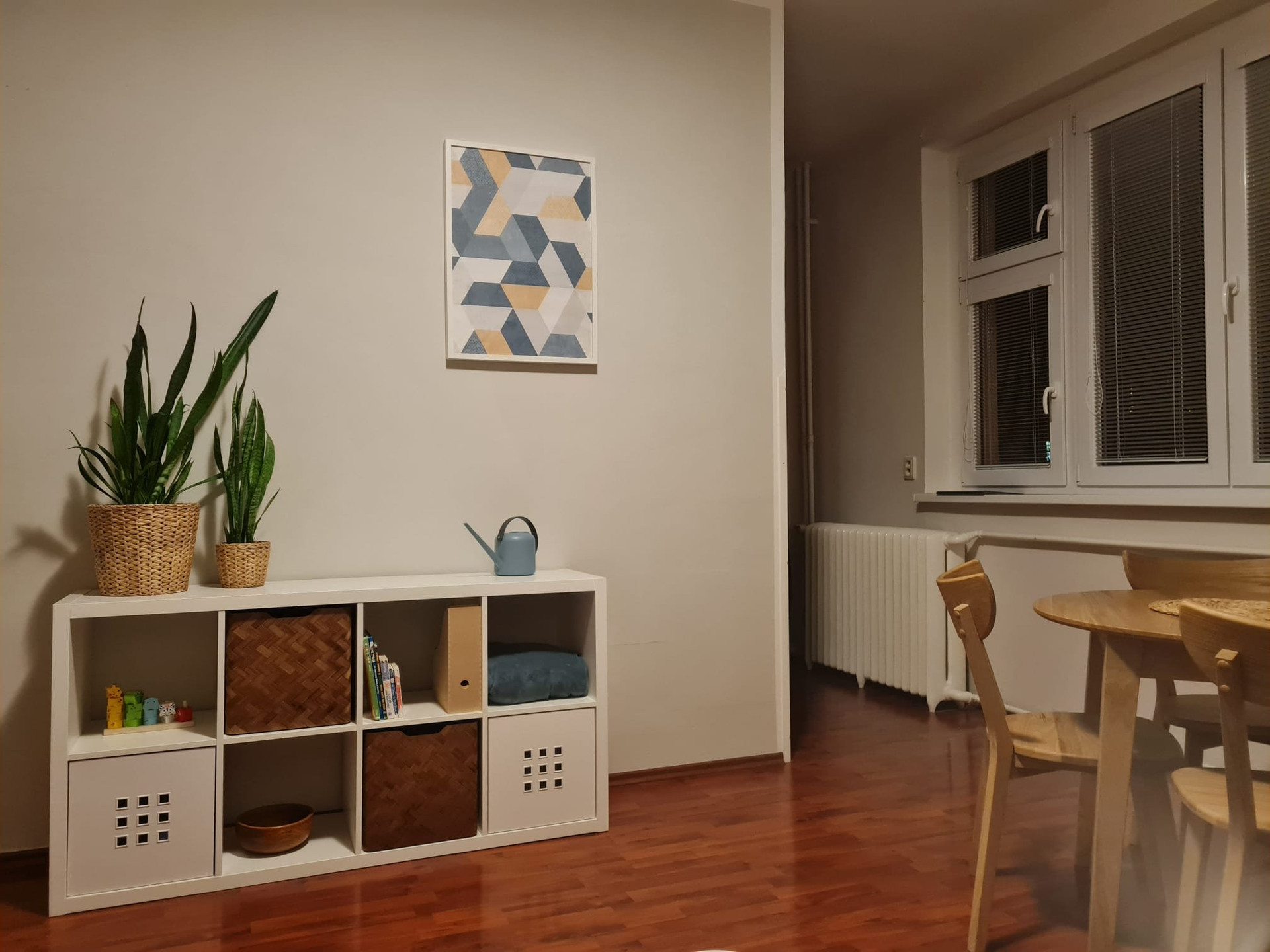 Living area shelving and dining table