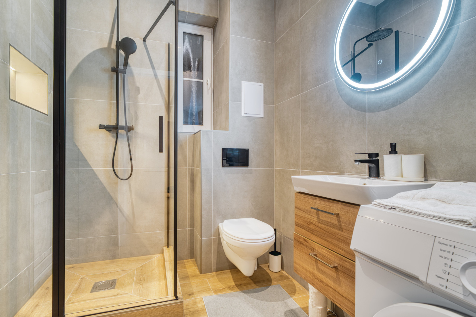 Modern bathroom with shower and vanity