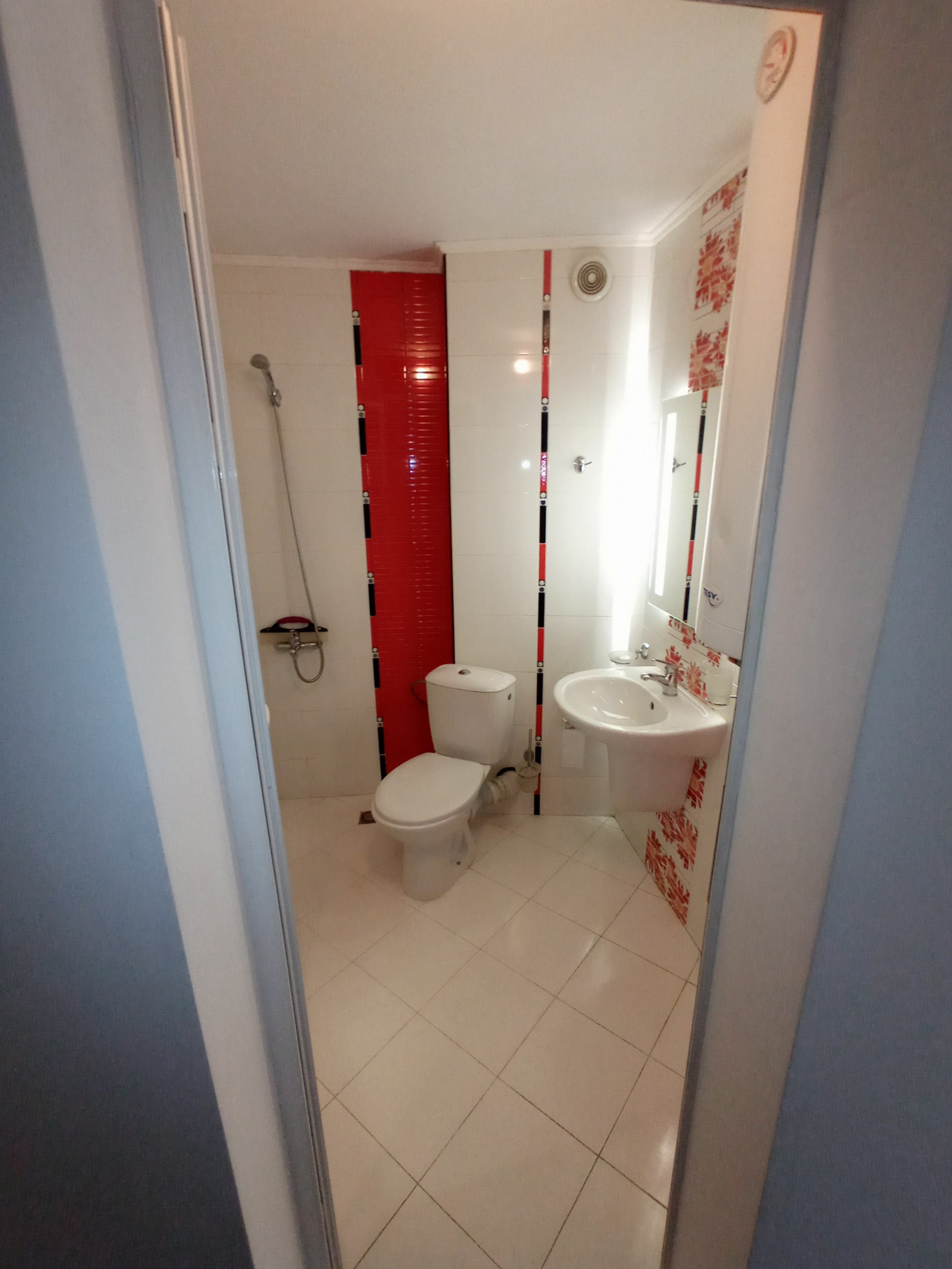 Bathroom with red tile accents