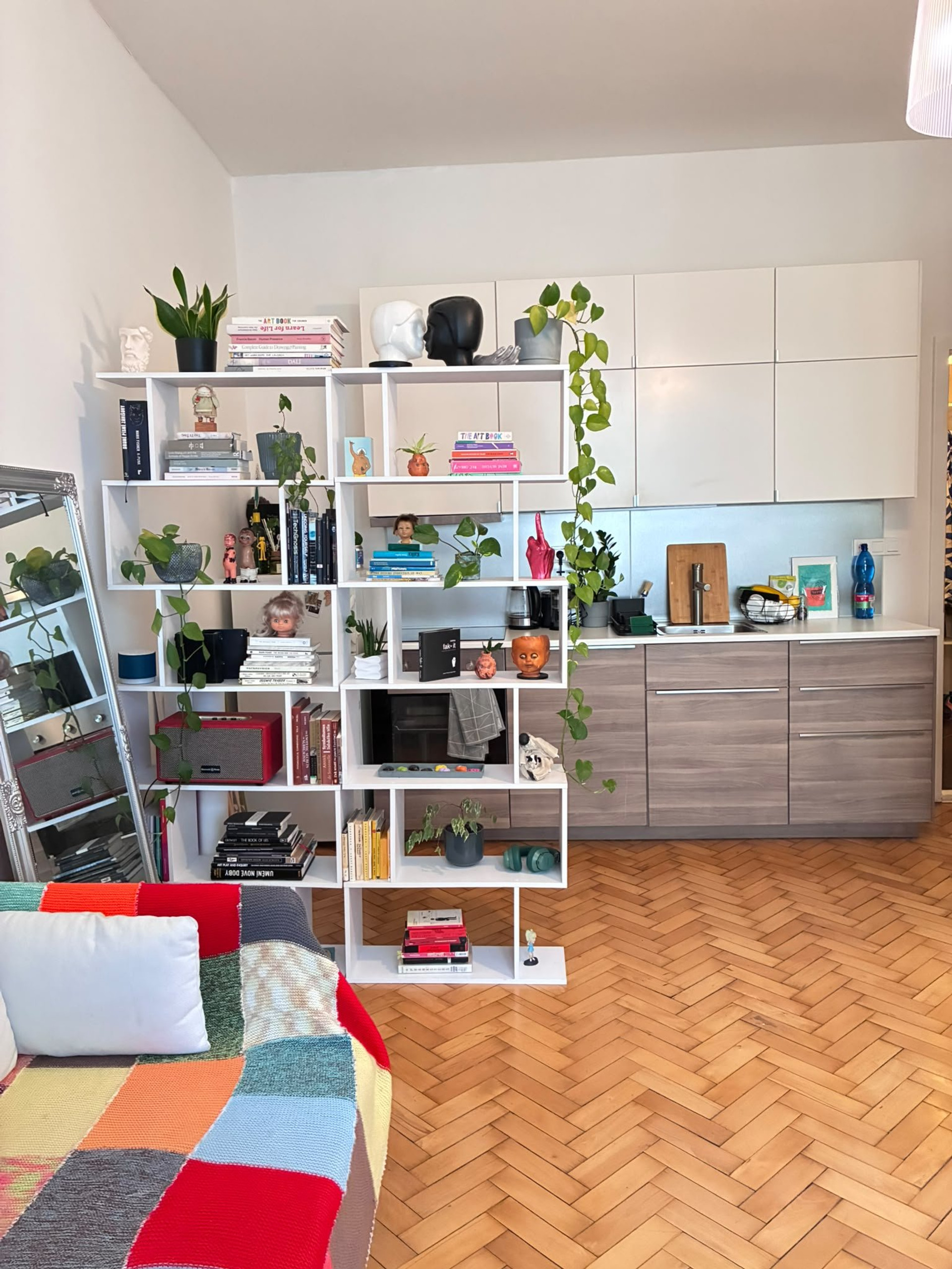 Open shelving between kitchen and living room