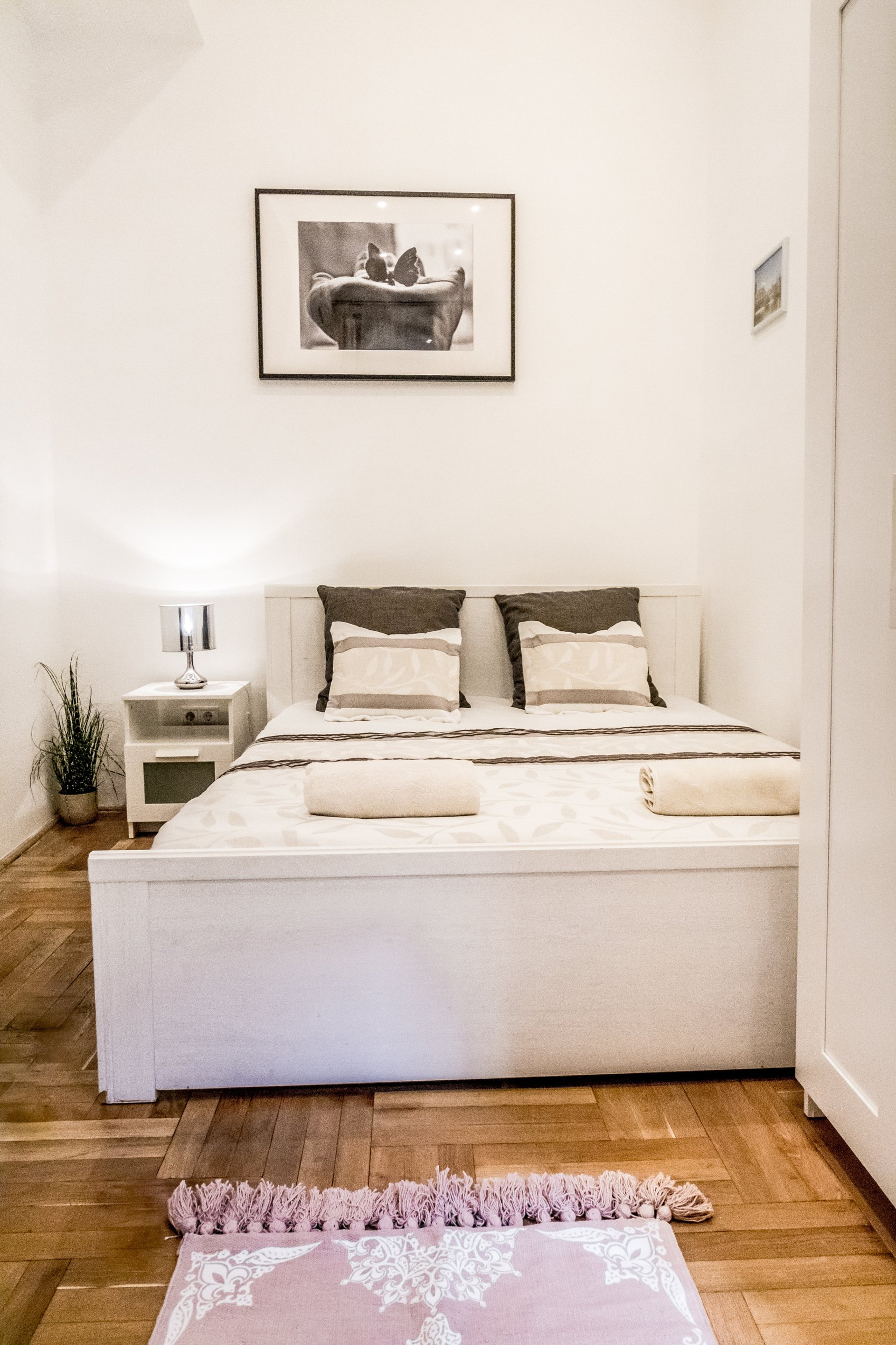 Bright bedroom with artwork