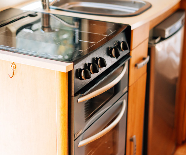 Stove, sink, and refrigerator