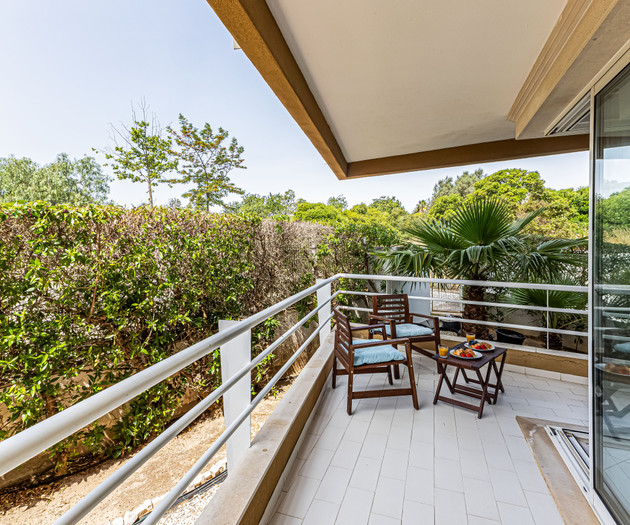 Balcony seating with garden view