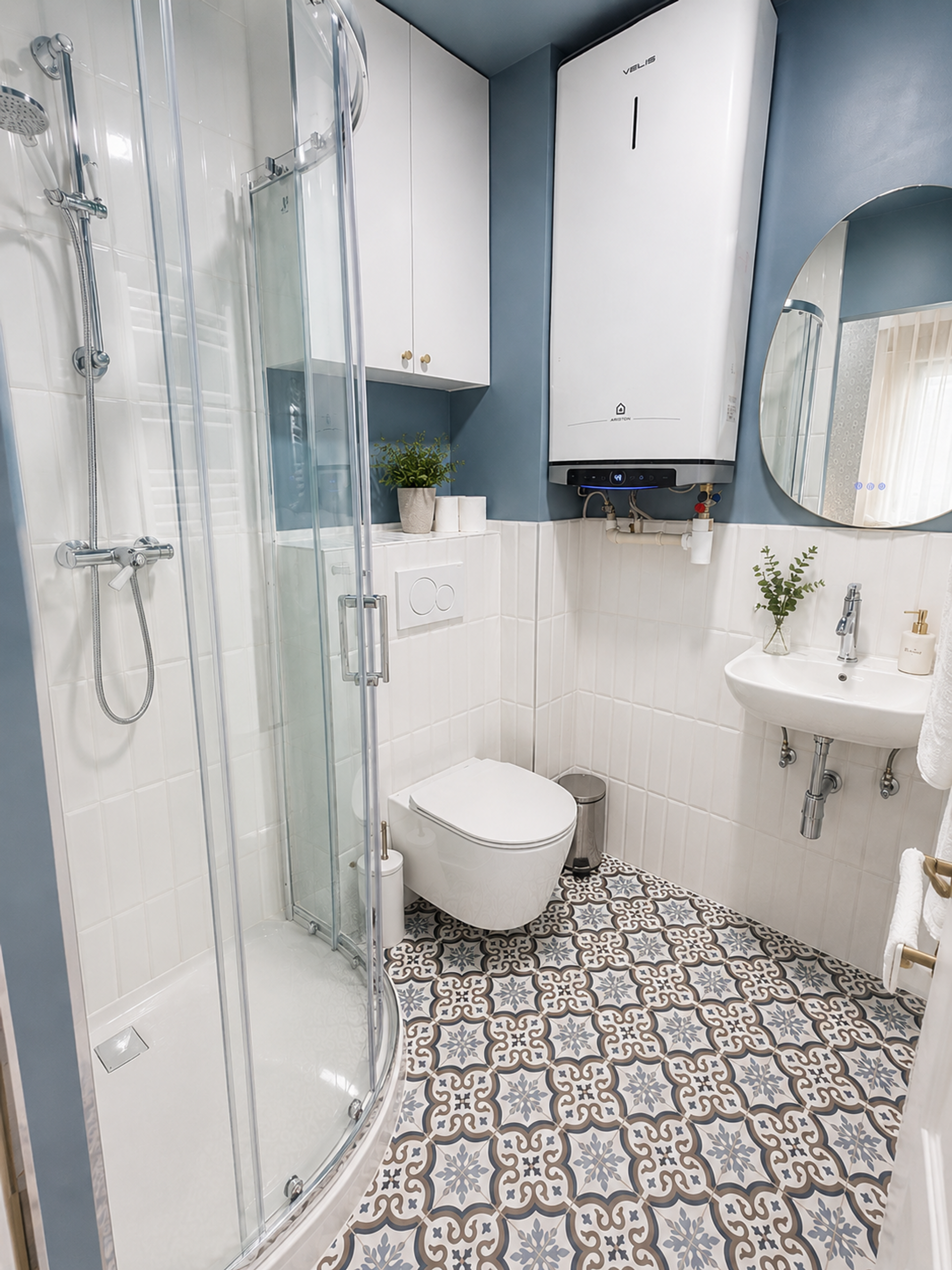 Bathroom with patterned floor tiles