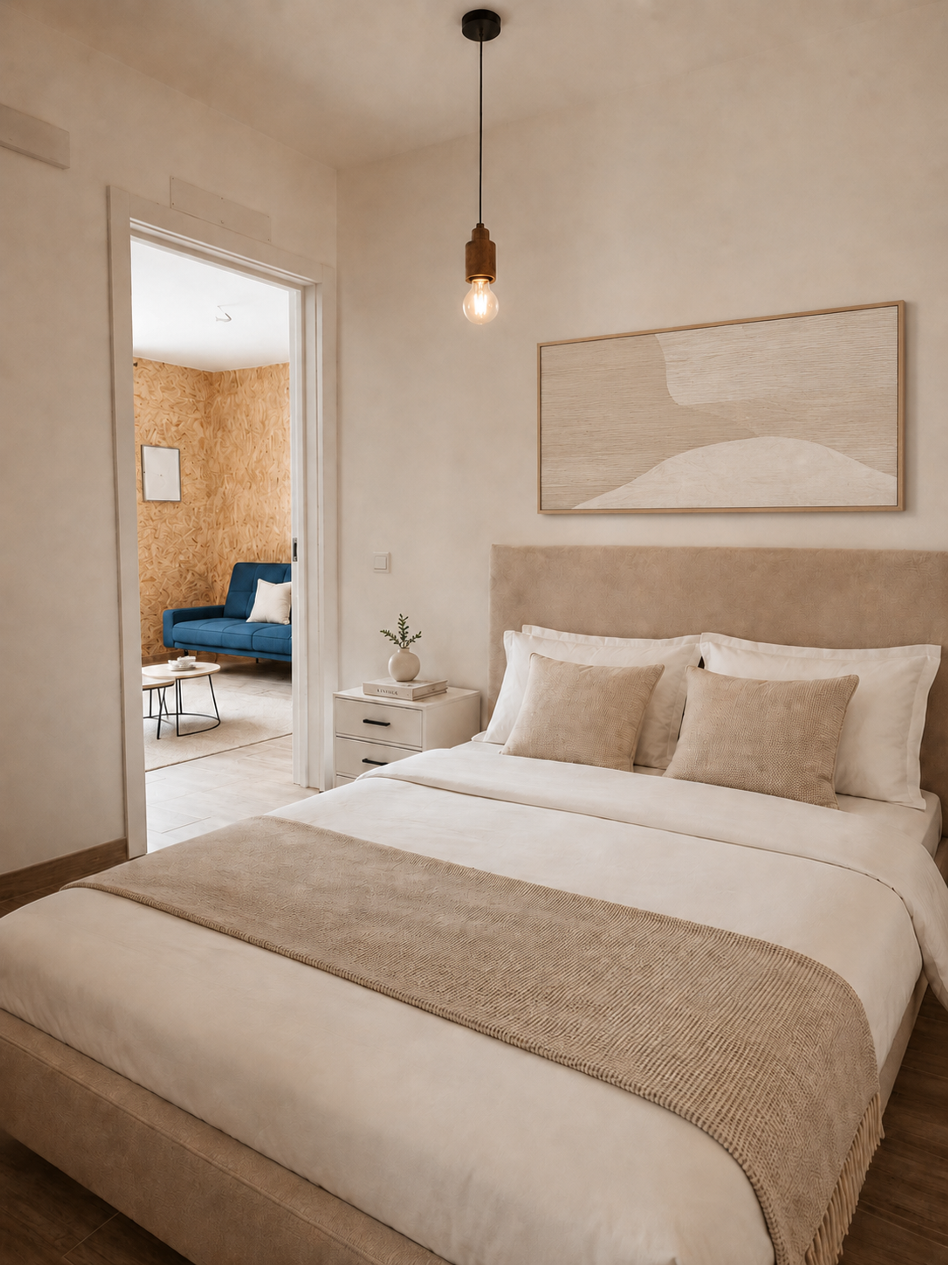 Bedroom with beige tones and headboard