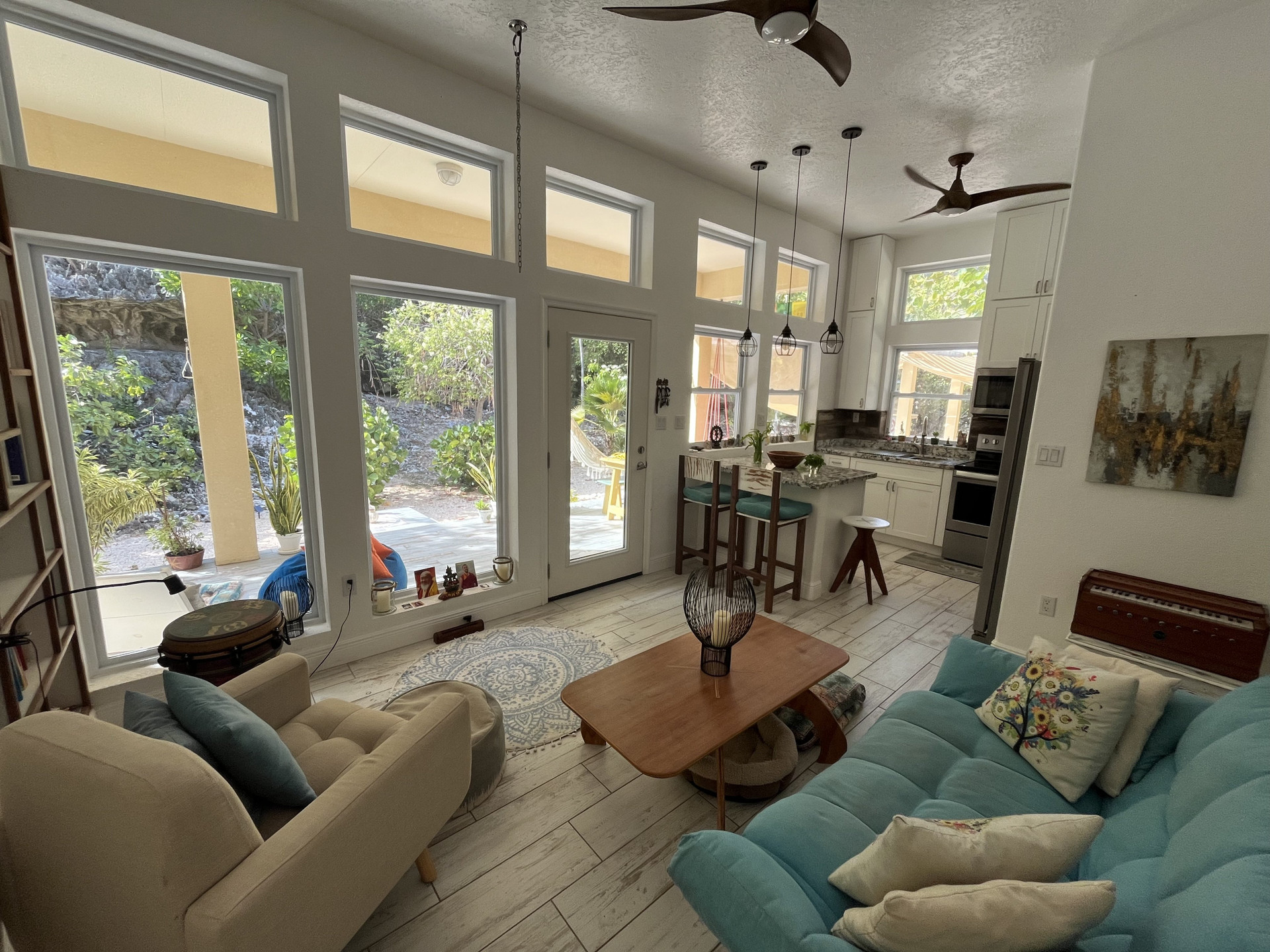 Open living room kitchen with large windows