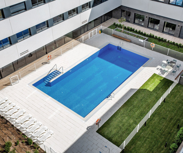 Aerial view of courtyard pool