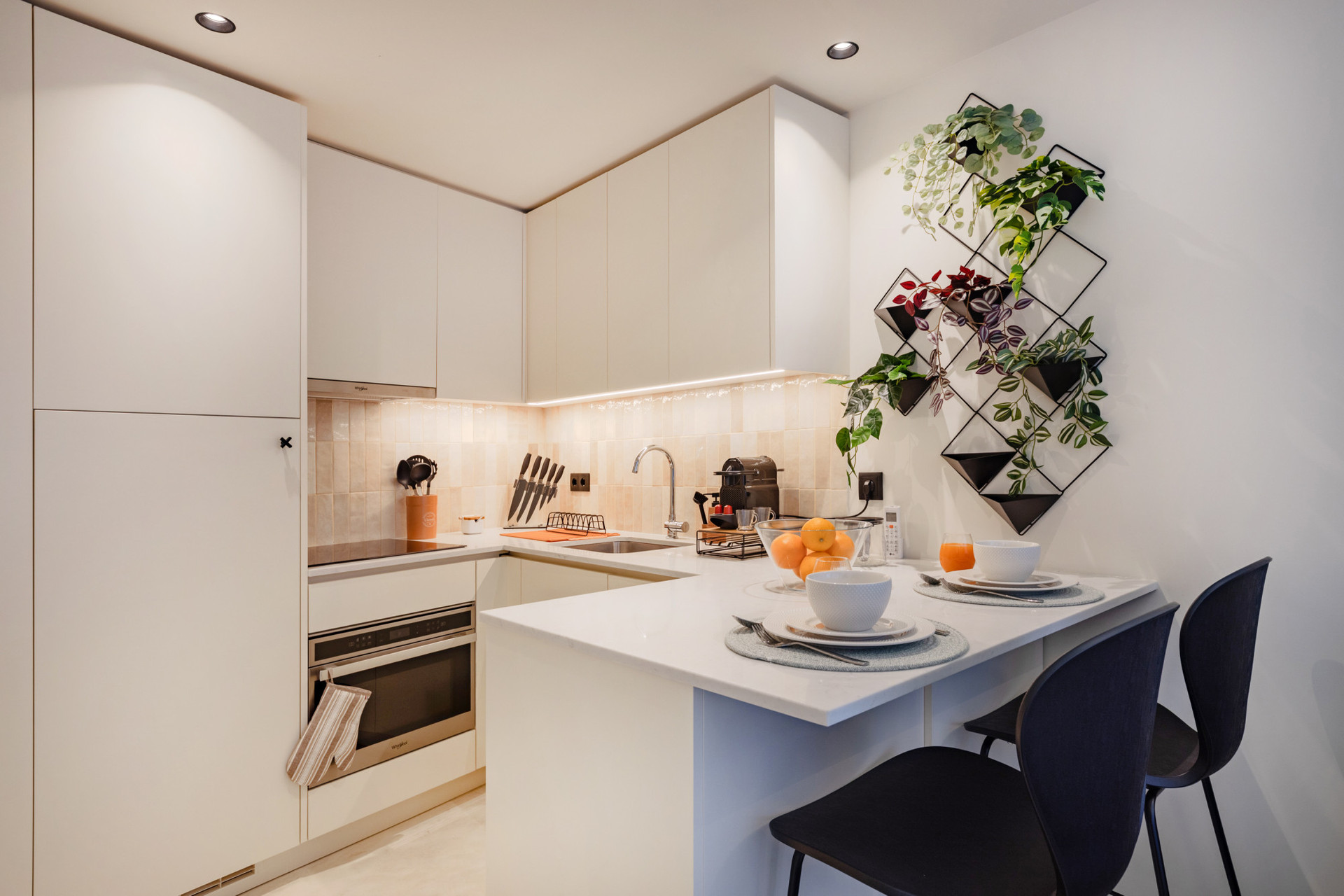Fully equipped kitchenette with washing machine and dishwasher.