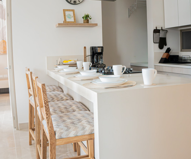 Breakfast bar with wooden stools