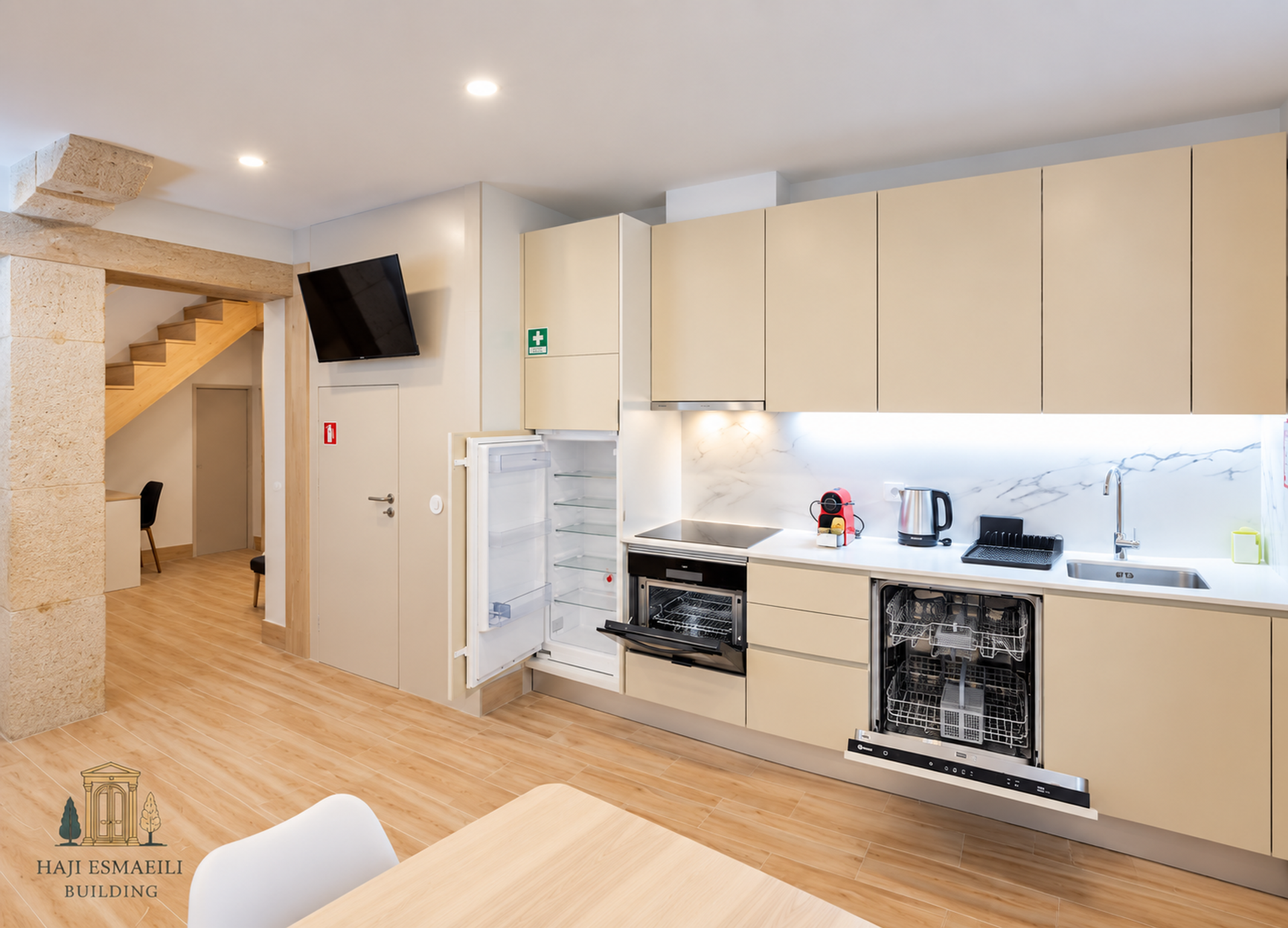 Kitchen with open appliances