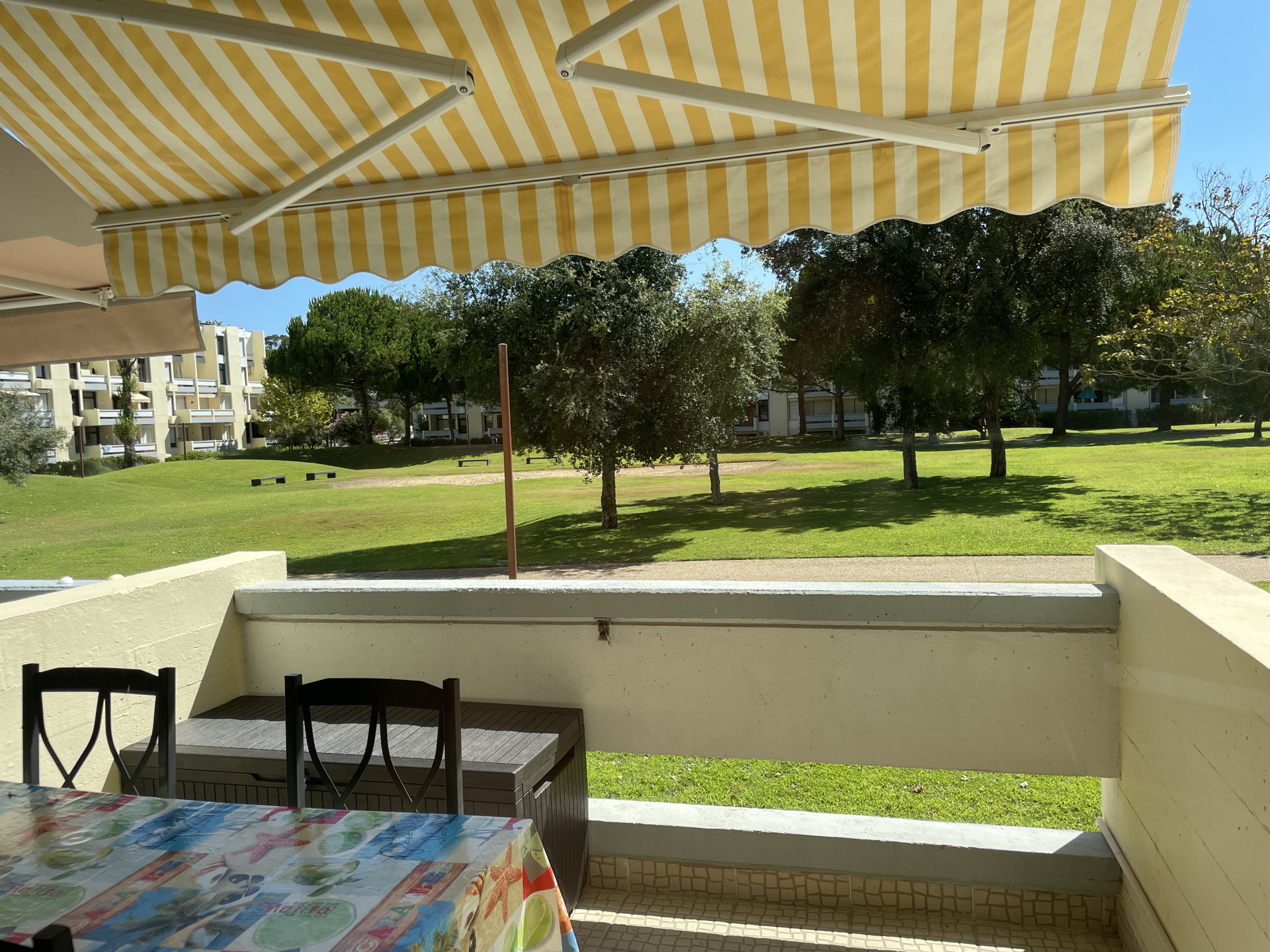Balcony with dining table and view