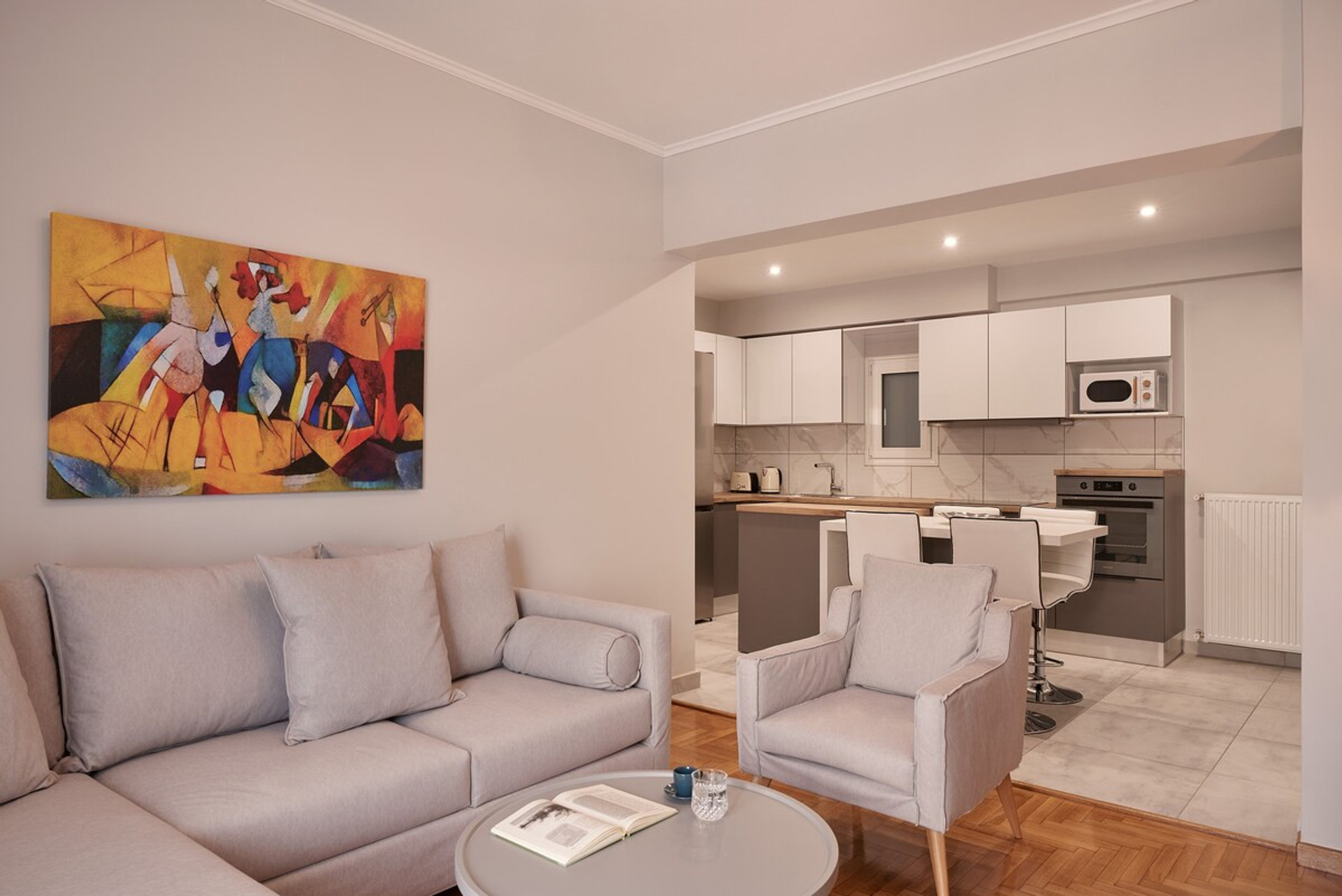 The living room and the kitchen