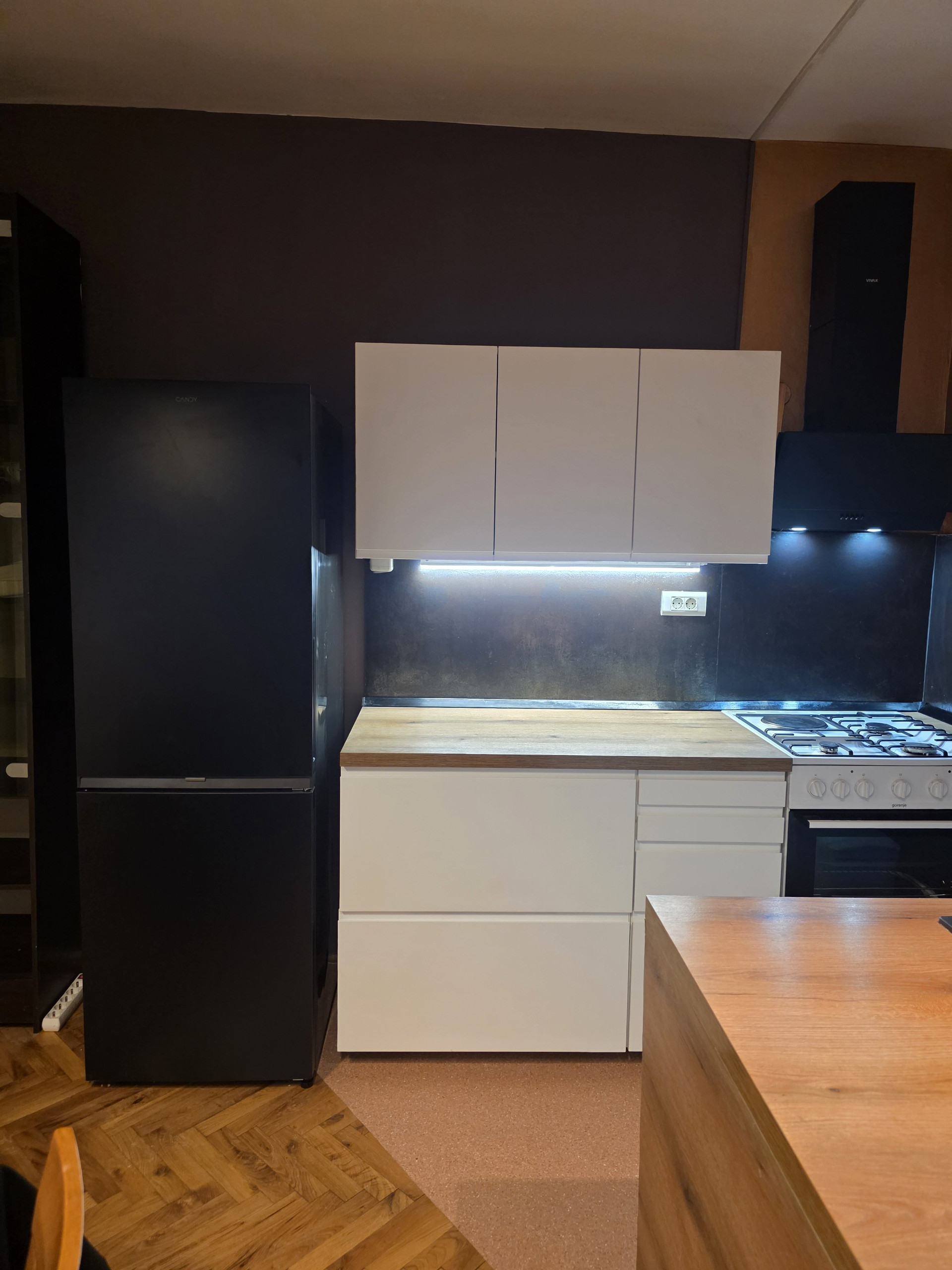 Kitchen with a brand new refrigerator
