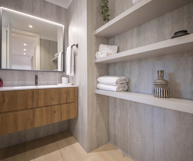 Bathroom vanity and shelves