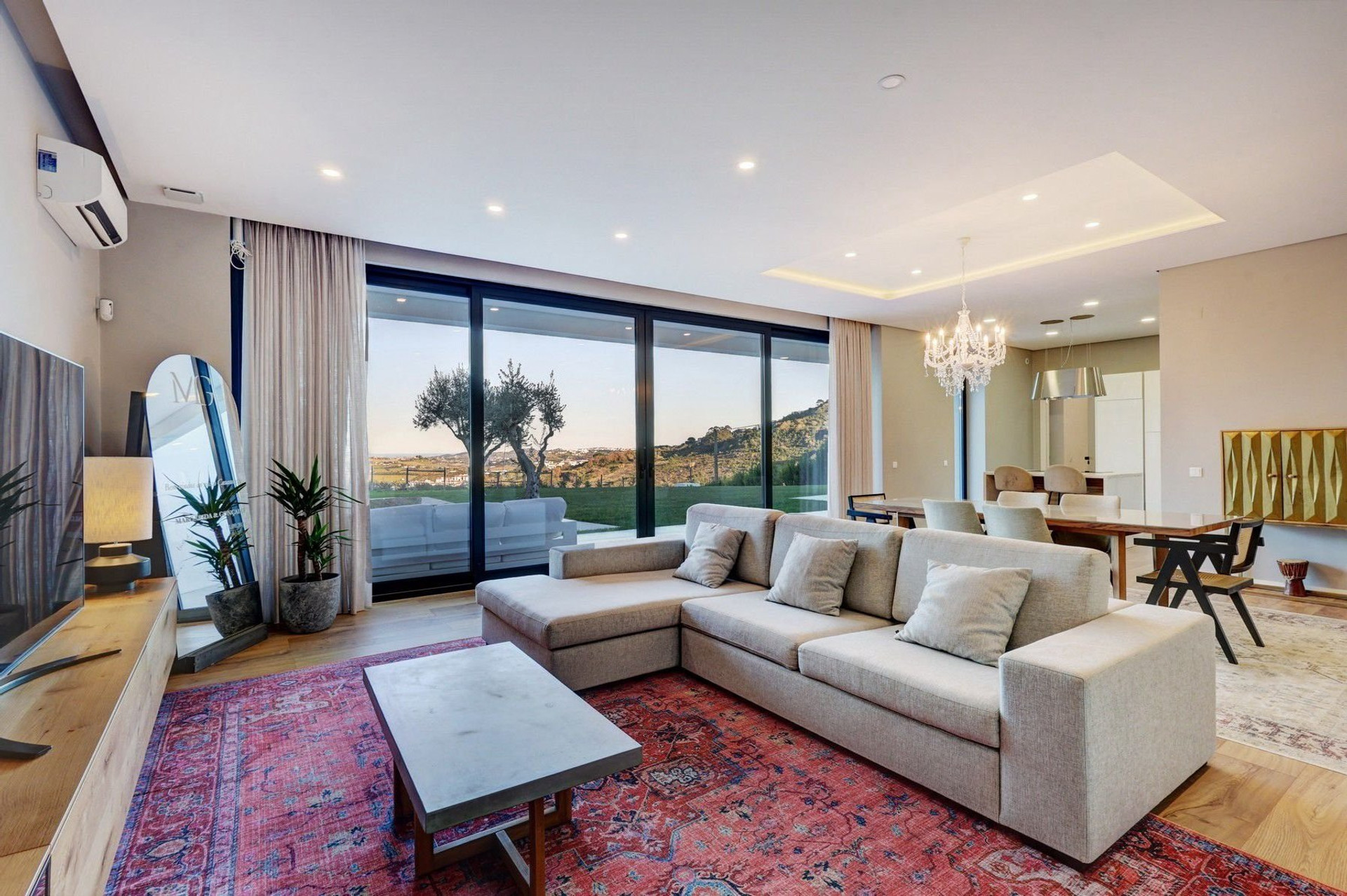 Bright living room with panoramic windows