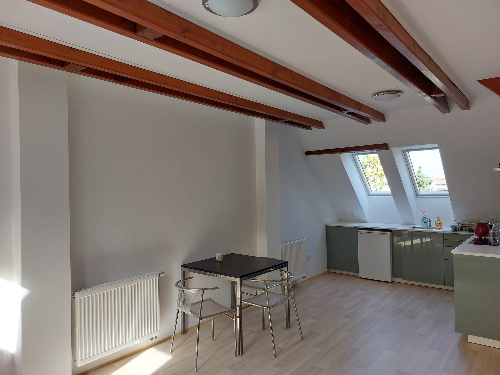 Bright attic living area with kitchen