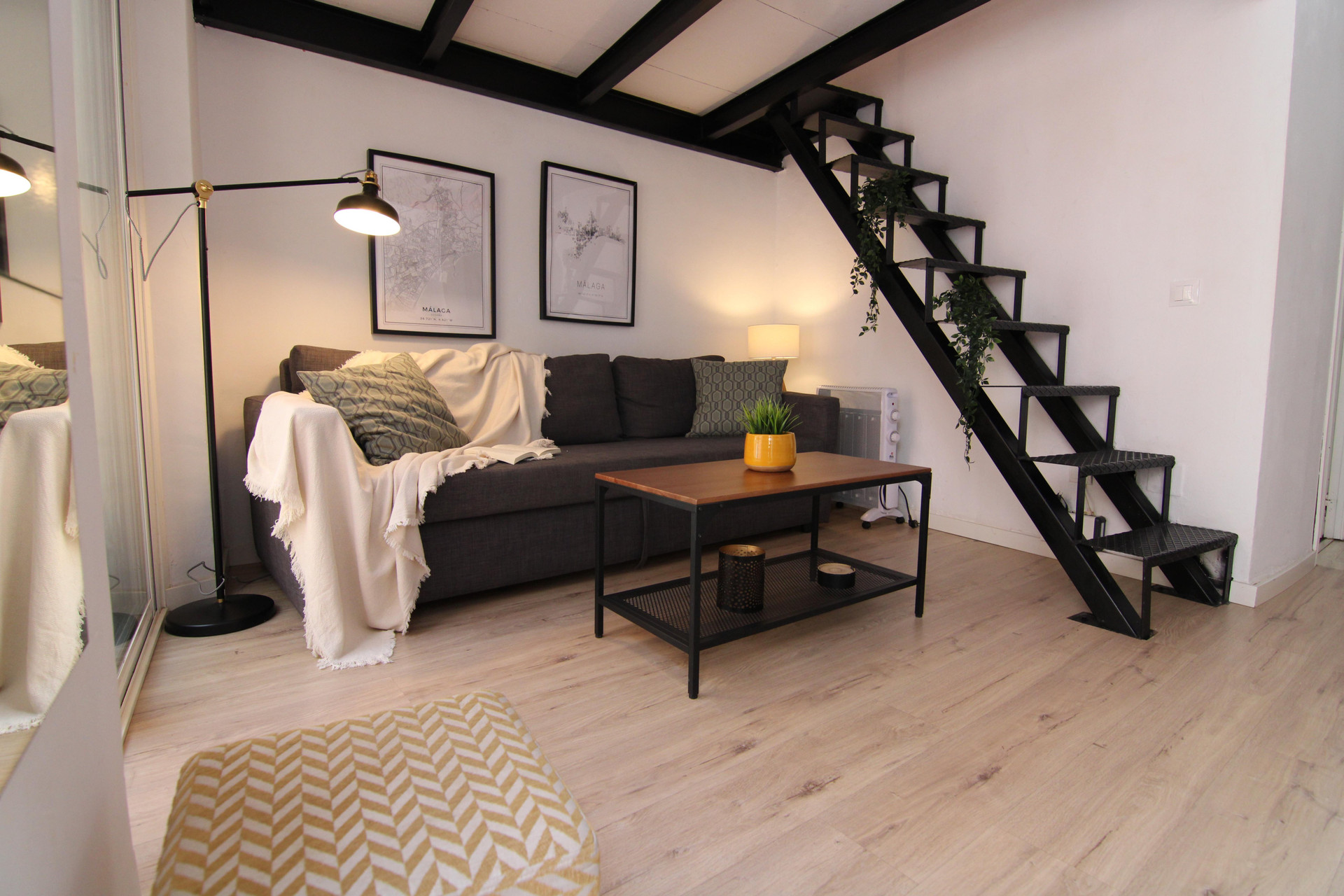 Living room seating and stairs