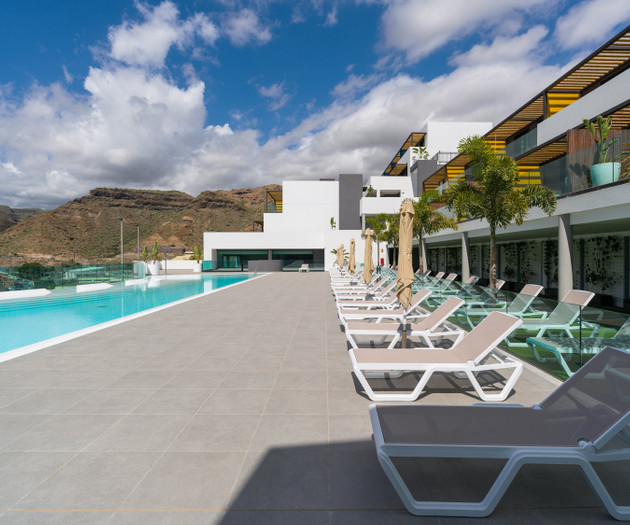 Pool area with building view