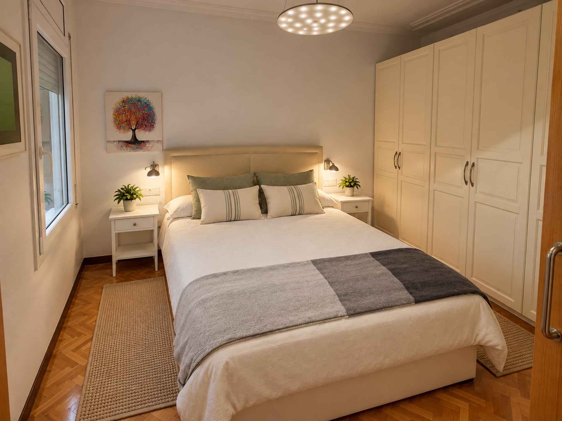 Cozy bedroom with large wardrobe