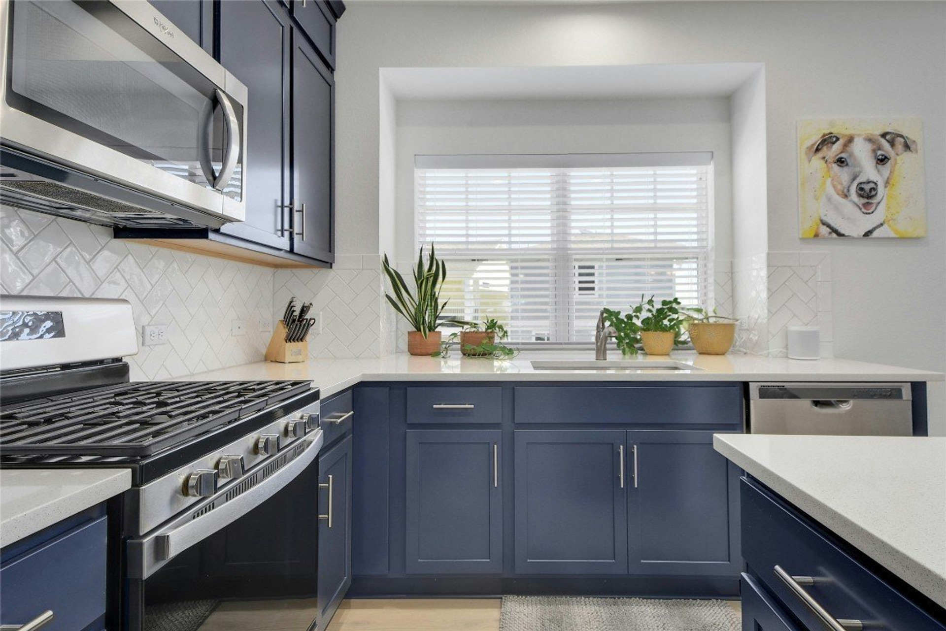 Blue kitchen with stainless appliances