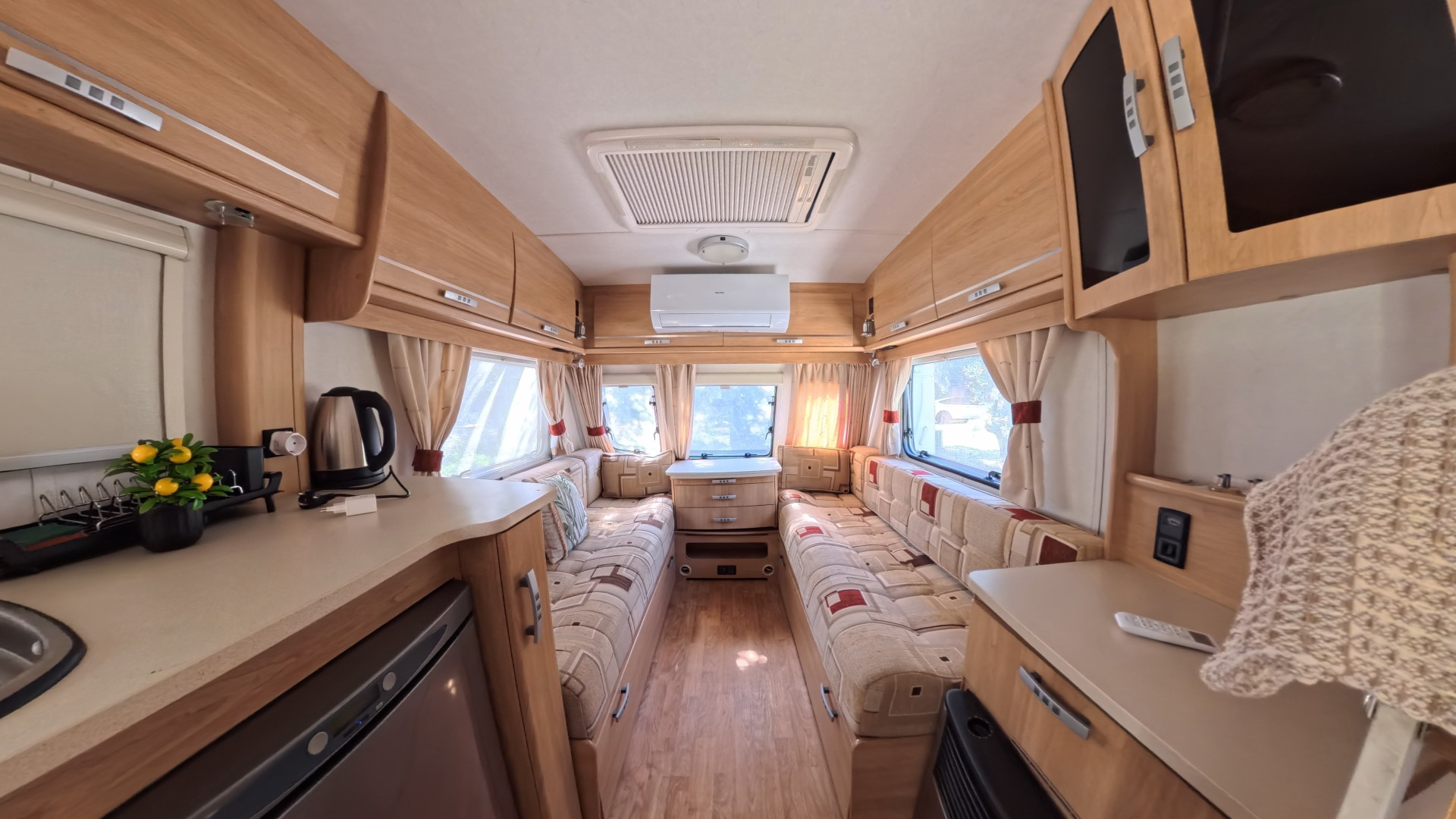 Wide view of caravan interior