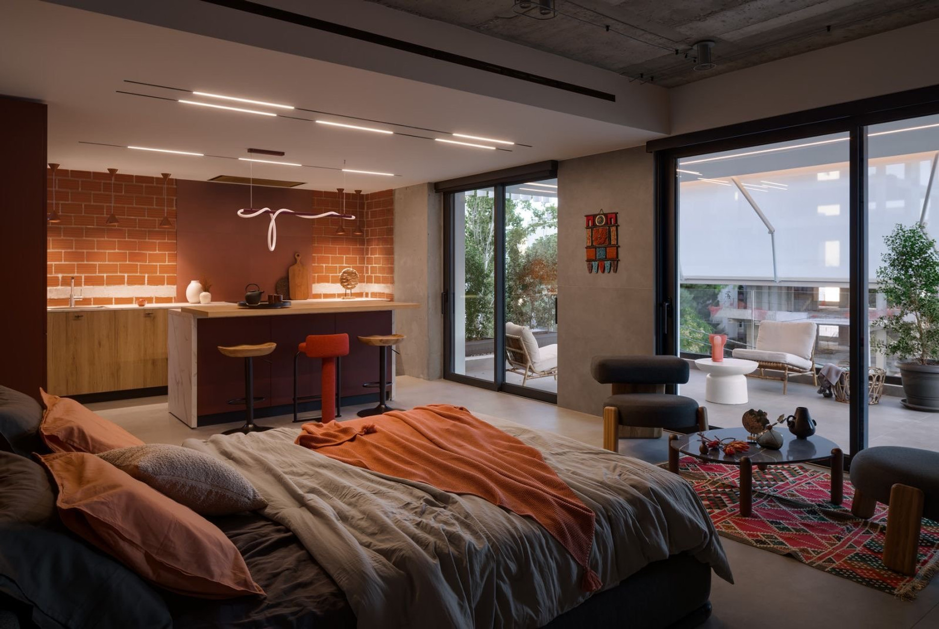 Bedroom with open kitchen view