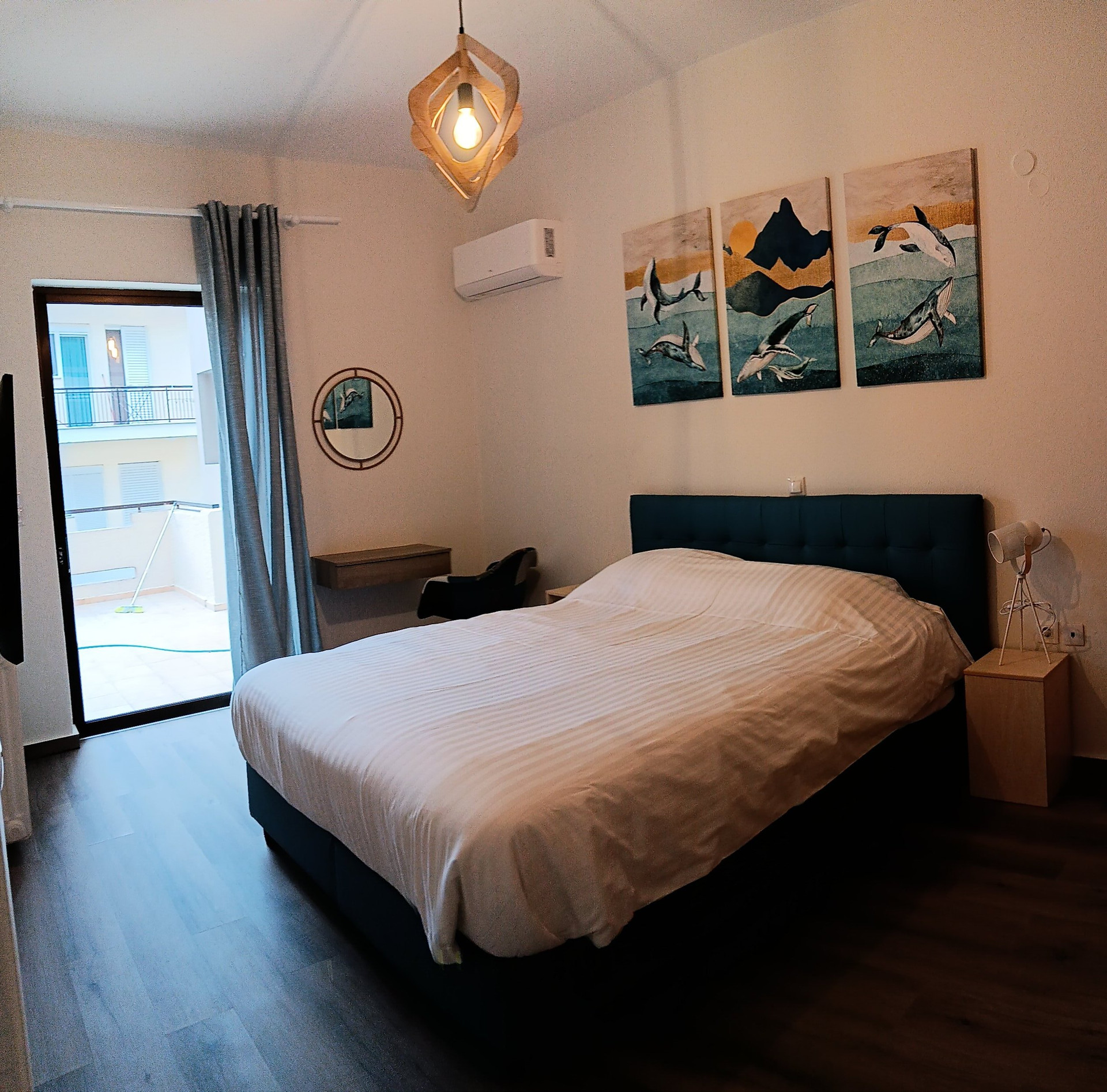 BLUE Bedroom with twin or double bed, wardrobe and TV