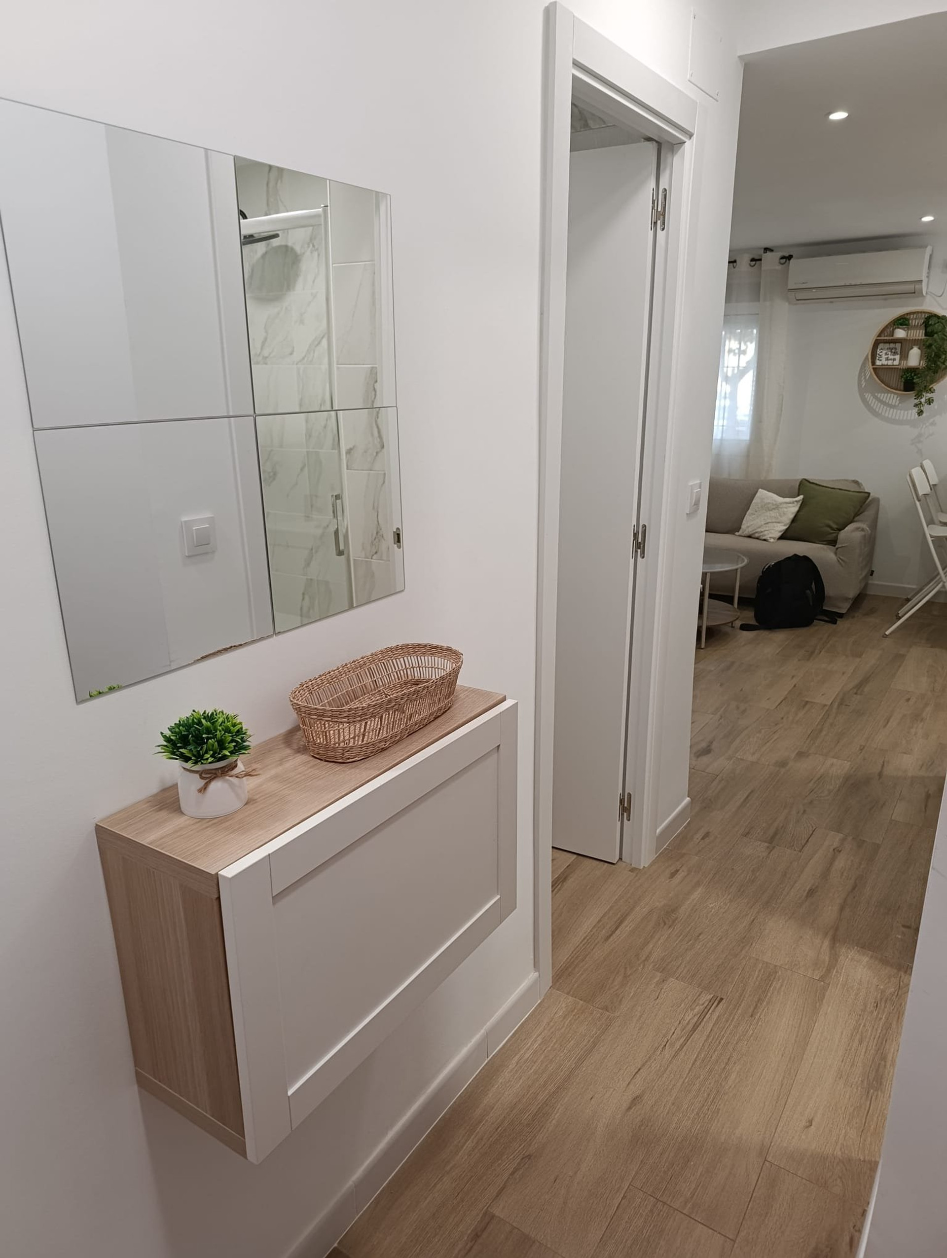 Entryway with mirror and hallway view