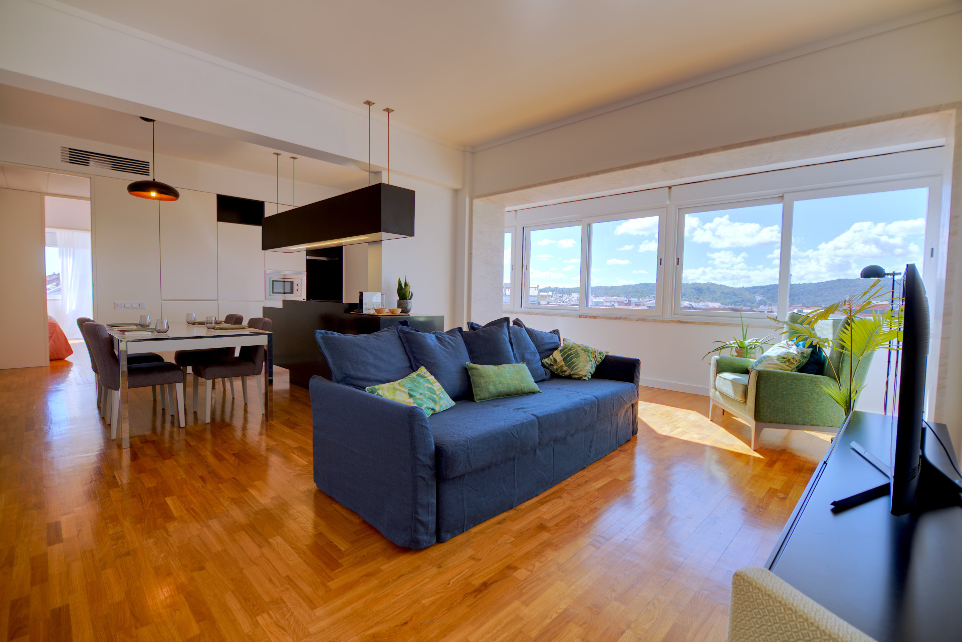 Open living room dining kitchen view