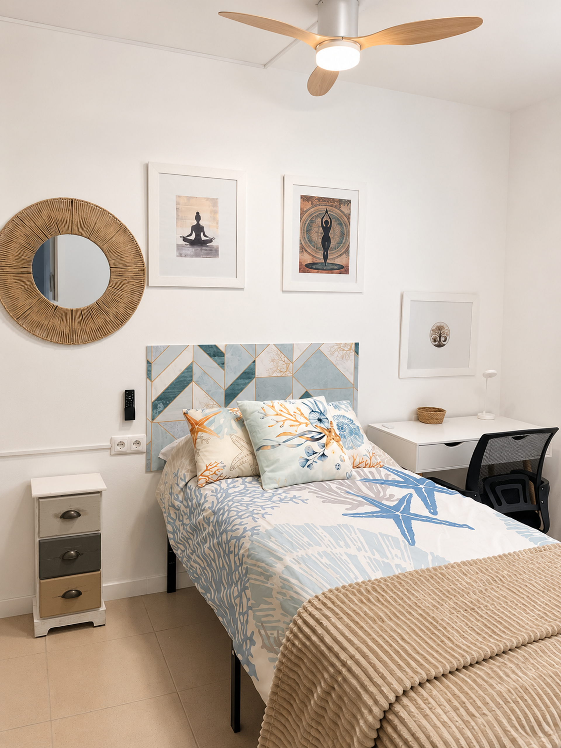 Bright bedroom with ceiling fan