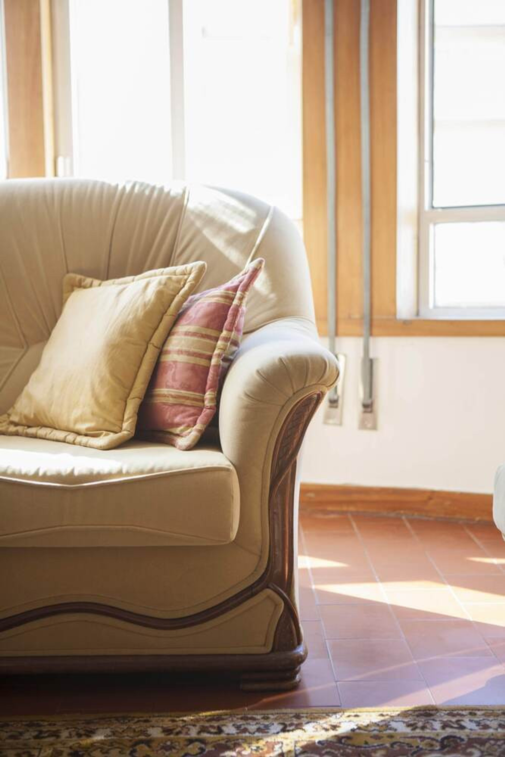 Sofa with cushions in sunlight