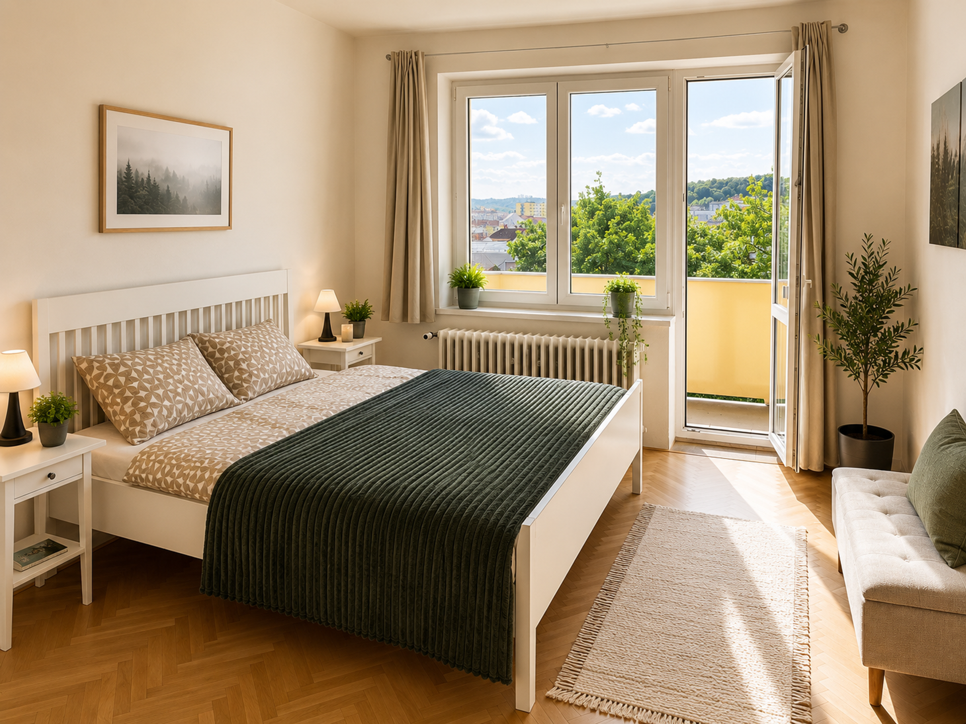Bright bedroom with balcony access