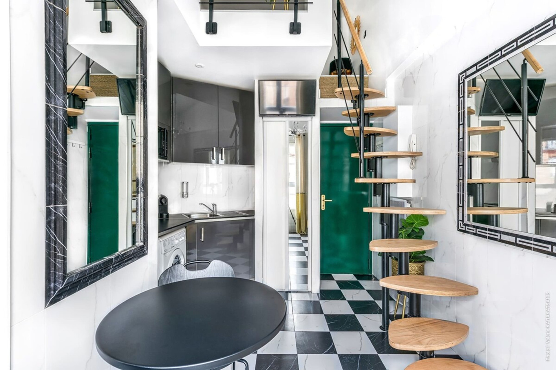 Living area (couch, TV and WIF), fully equipped kitchen, stairs to mezzanine...