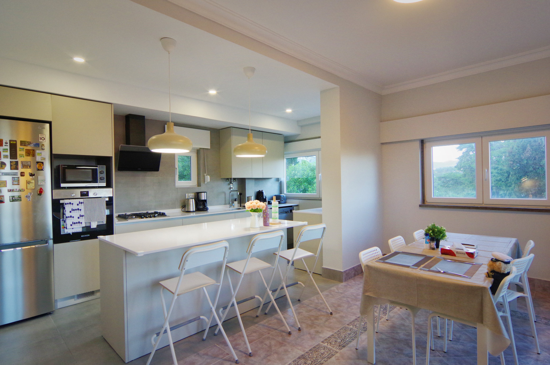 Open kitchen dining area with island