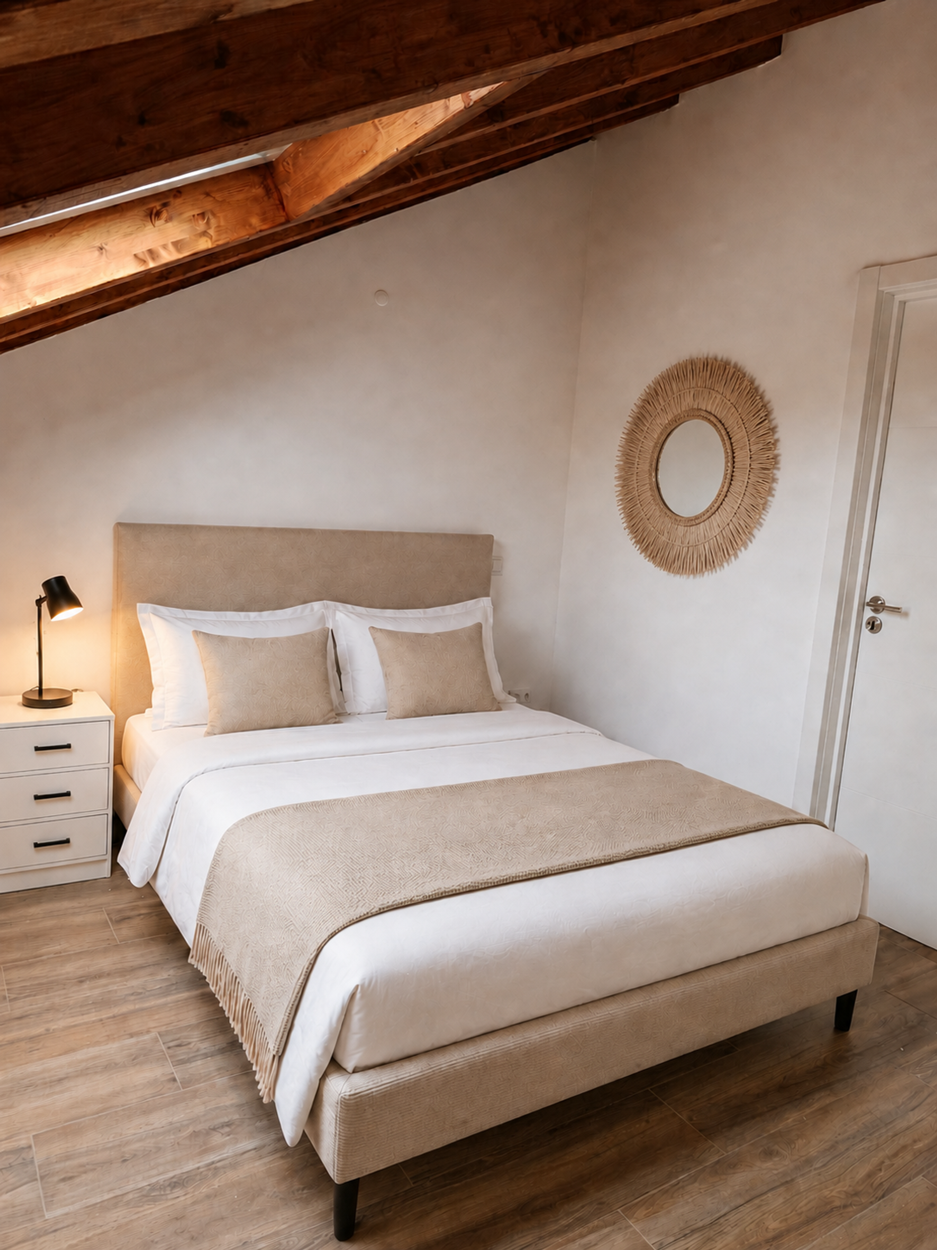 Comfortable double bedroom with beige decor