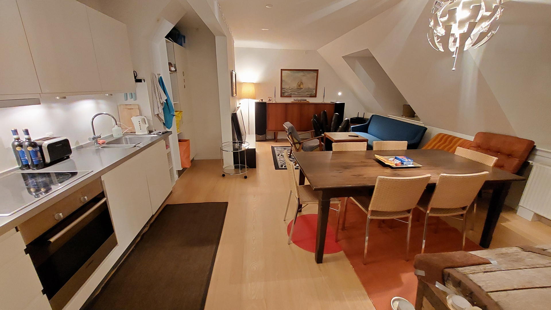 Open kitchen and dining area