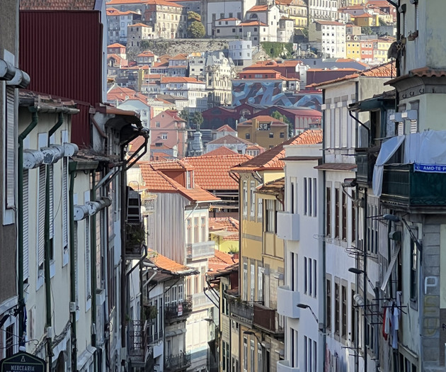Street view of colorful buildings