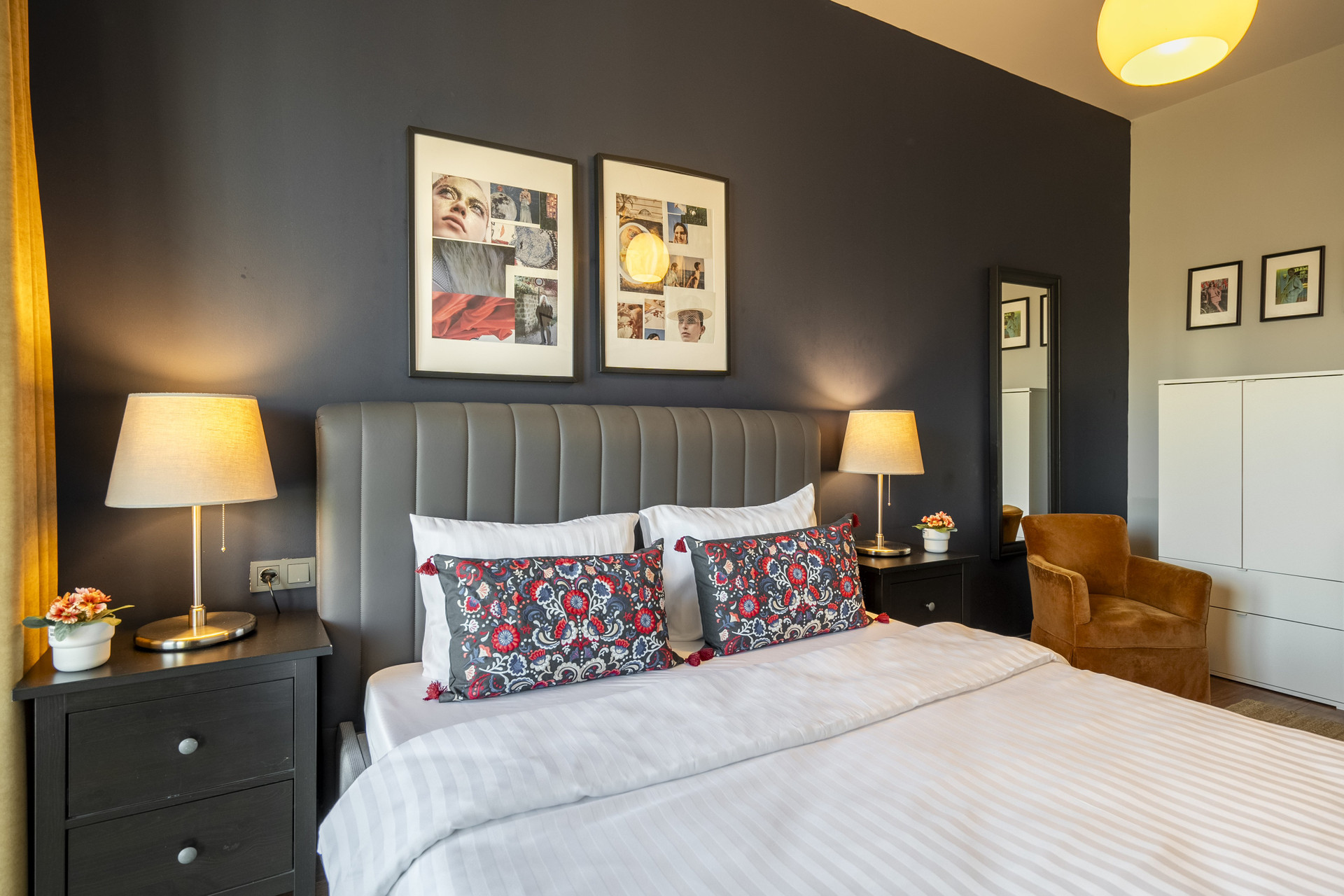 Master bedroom dark wall double bed