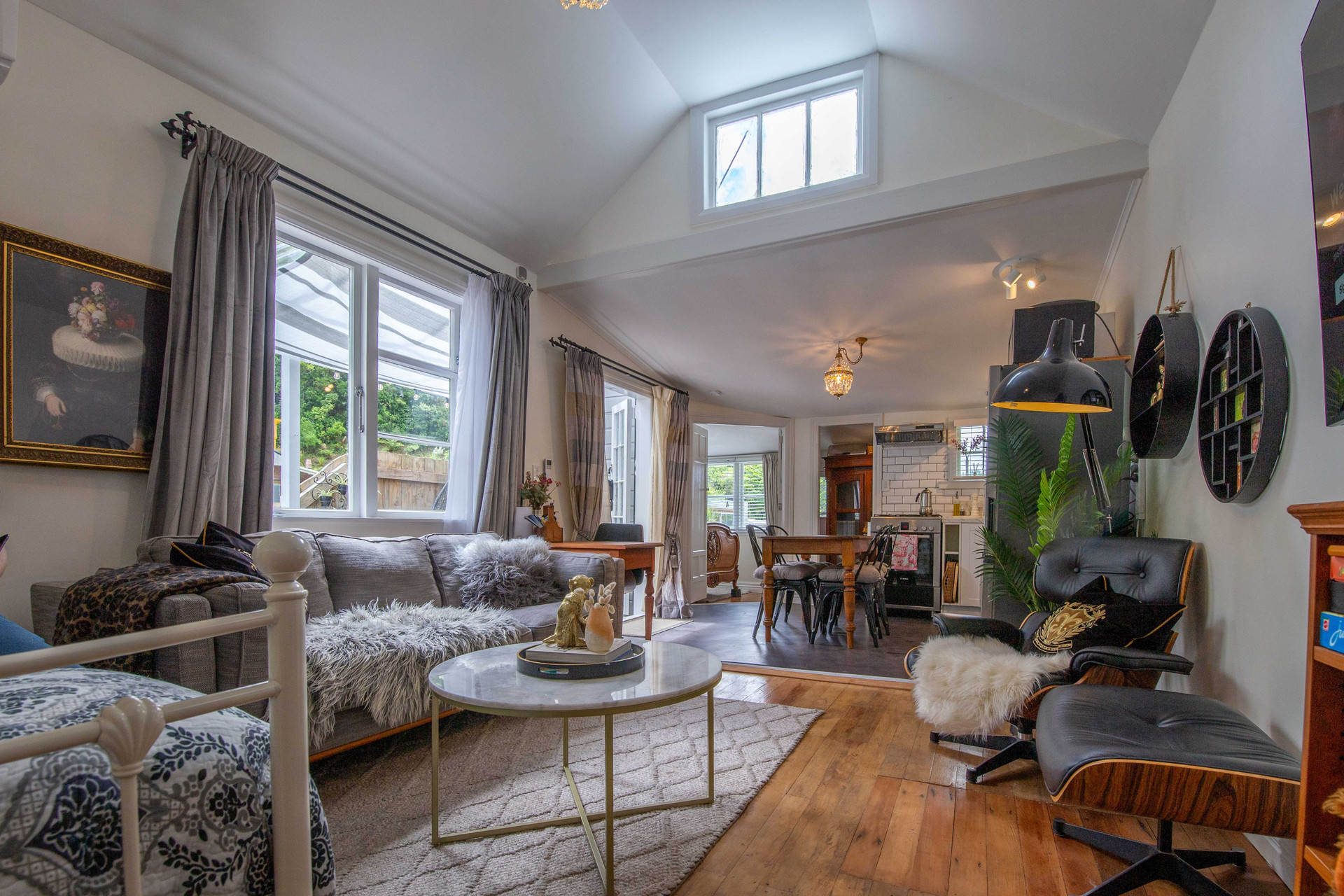 The living area with bedrooms on either side